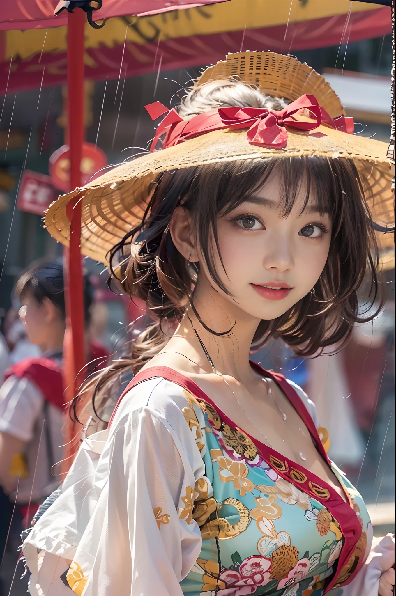 (Front Focus、Perfect Anatomy:1.5)、(ultra-detailliert、16k picture quality、Raw photo: 1.6)、Portrait of a hyperrealist woman、Fantasia 、art by、photoRealstic、Dynamic lighting、Volume Lighting、extra detailed face、smil、1人、sixteen years old、cleavage of the breast、(White and bright red one piece dress:1.5)Back exposure、Exposed shoulders、Looking Back 1.5:)(Asians、Lots of street stalls、夏天:1.5)(sun shower、Rain shaking:1.5)
