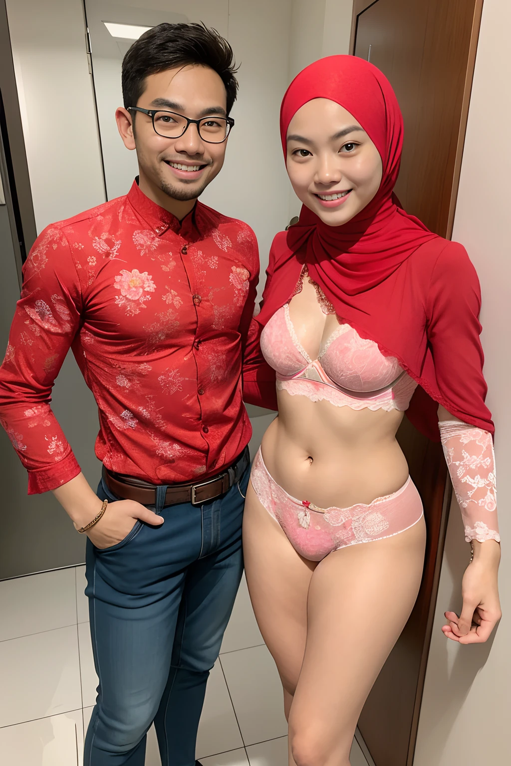 (masterpiece, best quality:1.2), professional shot, solo, 1 malay girl and 1 malay man, smile, looking at viewer, hand on hip,pastel red color hijab, eyewear on head, pastel red floral lace bra and panties, man behind girl,