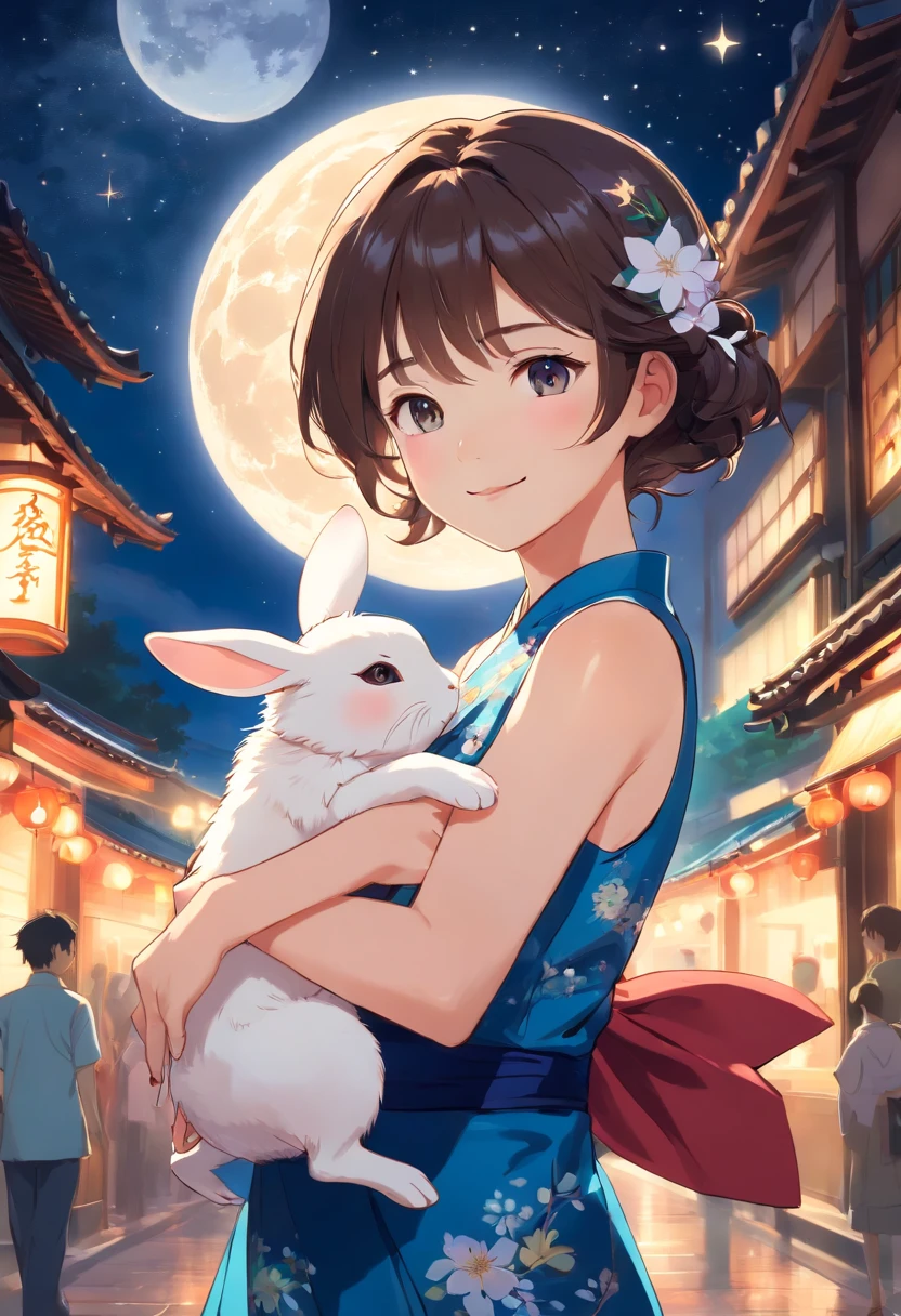 Full moon night，under the starry night sky，Beautiful oriental mature woman，wearing  cheongsam，With fairy air，ssmile，Holding a cute little white rabbit