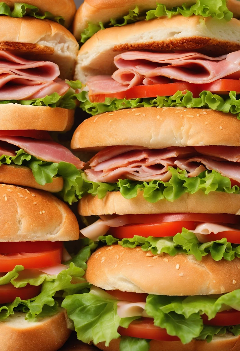 2 sandwiches en pan cuadrado que contenga trozos de pollo, tomate, lettuce and ham