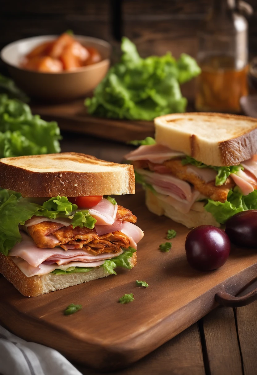 2 sandwiches en pan cuadrado que contenga trozos de pollo, tomate, lettuce and ham