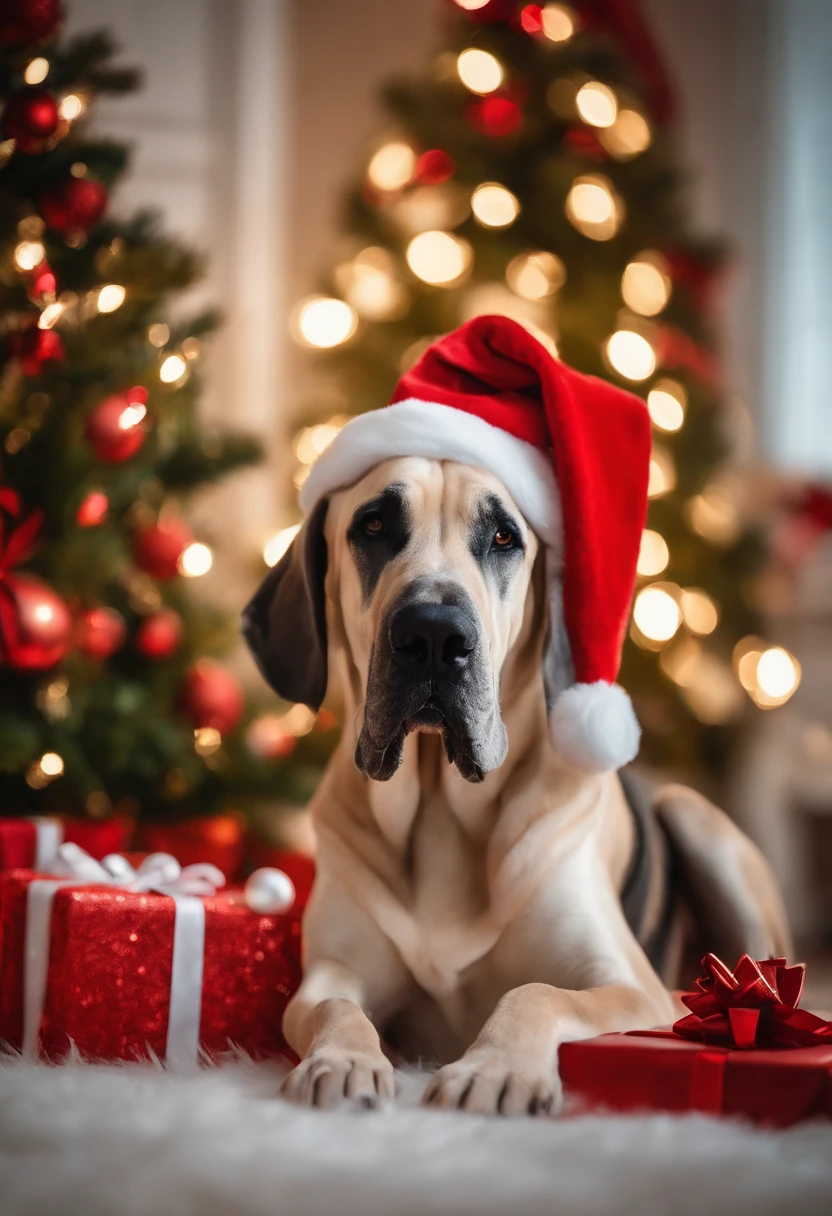 great dane, dressed in santa claus hats and red bow for tie,lighted christmas tree in background, Fresh and lovely,a warm color palette,Warm scene,smiling girl,Friendly,Natural light,soft shade
