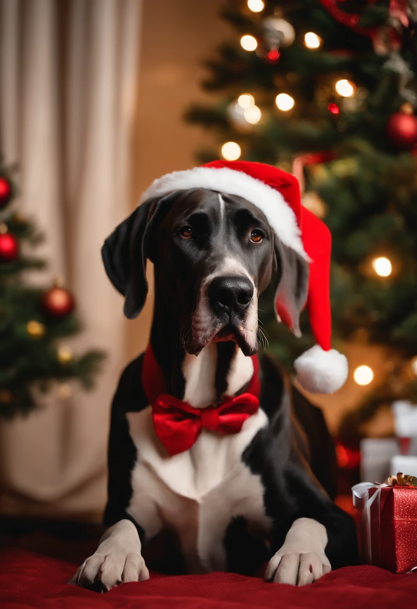 great dane, dressed in santa claus hats and red bow for tie,lighted christmas tree in background, Fresh and lovely,a warm color palette,Warm scene,smiling girl,Friendly,Natural light,soft shade