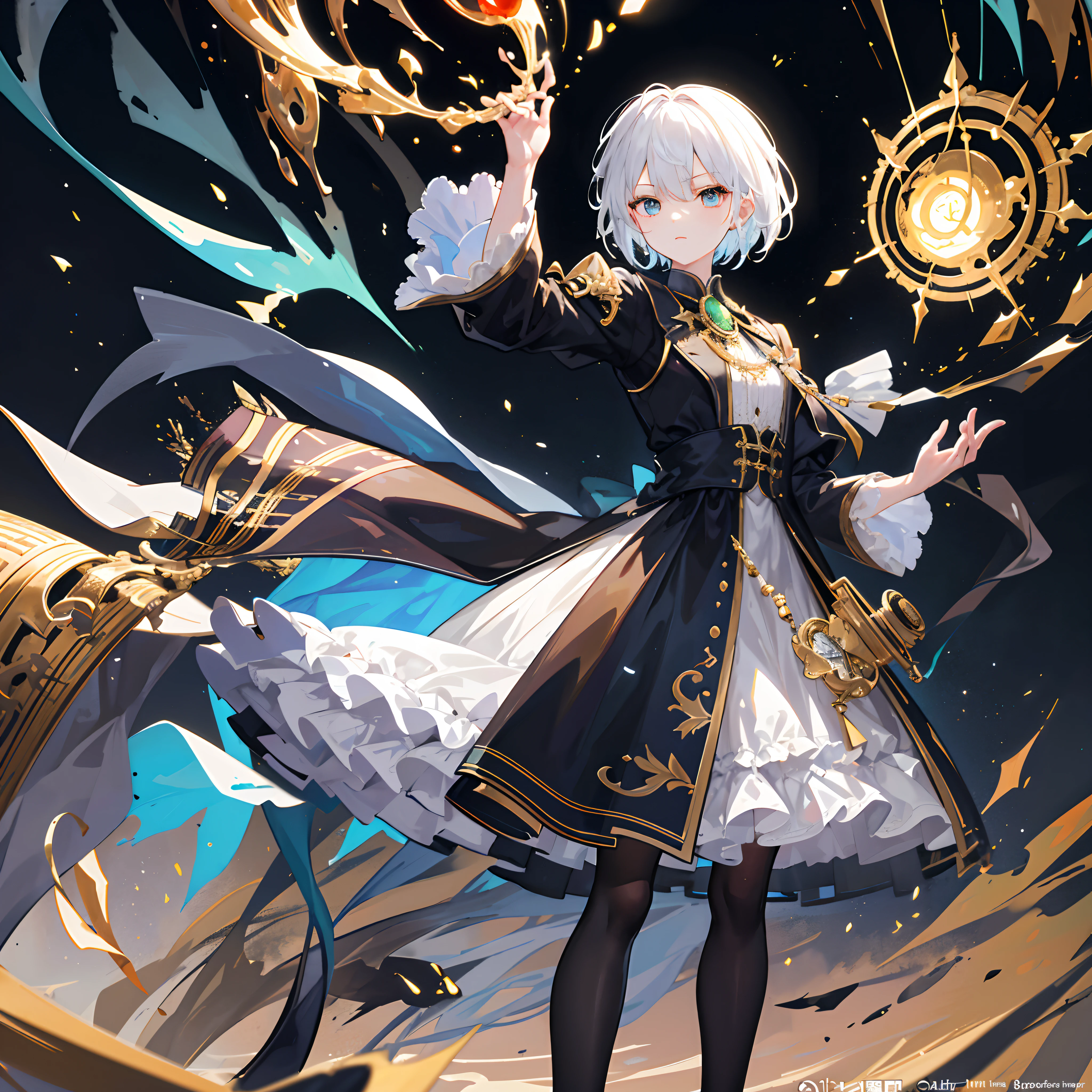((ultra - detailed)),((illustration)),((tmasterpiece)),(((Need))),((美丽细致的眼睛)),(the Extremely Detailed CG Unity 8K Wallpapers,best qualtiy,tmasterpiece),((4K,tmasterpiece,best qualtiy)),The girl with short white hair held a pitch-black scepter in her backhand,He held a handful of golden straw in his left hand,There is green liquid on the clothes,Alchemist,monocle,steam style,Black and gold high heels,A can of alchemy floated beside him,On his right hand hangs a black apple,Beakers around,Whole body diagram,Holding a beaker with liquid in his hand,No bangs,Villains in a bottle