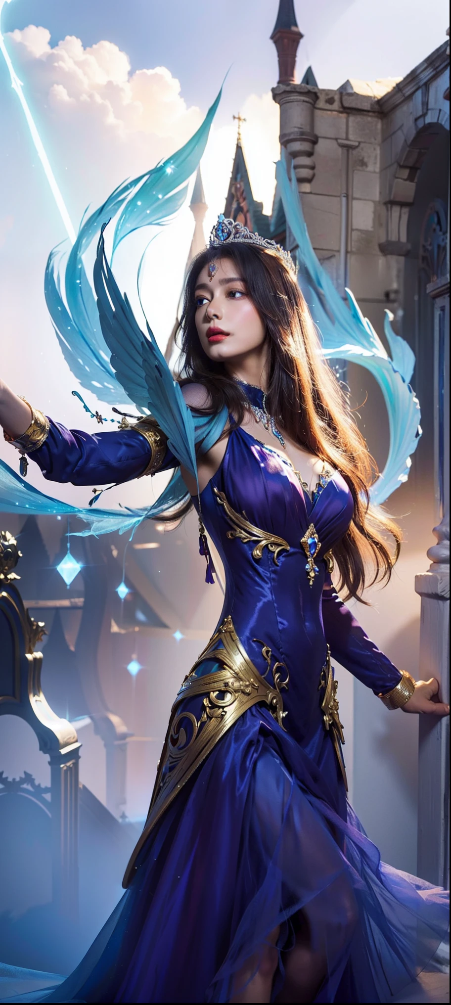 (best quality,8k,12k,highres,masterpiece:1.2),ultra-detailed,(realistic,photorealistic,photo-realistic:1.37), 12k picture, fantasy magic, magician with Guardian angel, stingy smile, girl with Magic wand, she is princess, vibrant colors, surreal lighting, her body is very sexy, dynamic angle, stunning picture, stunning photos, ((Simplify the tiara shape again, light up the color of the dress again, Improve the details on the eyes again!!!))