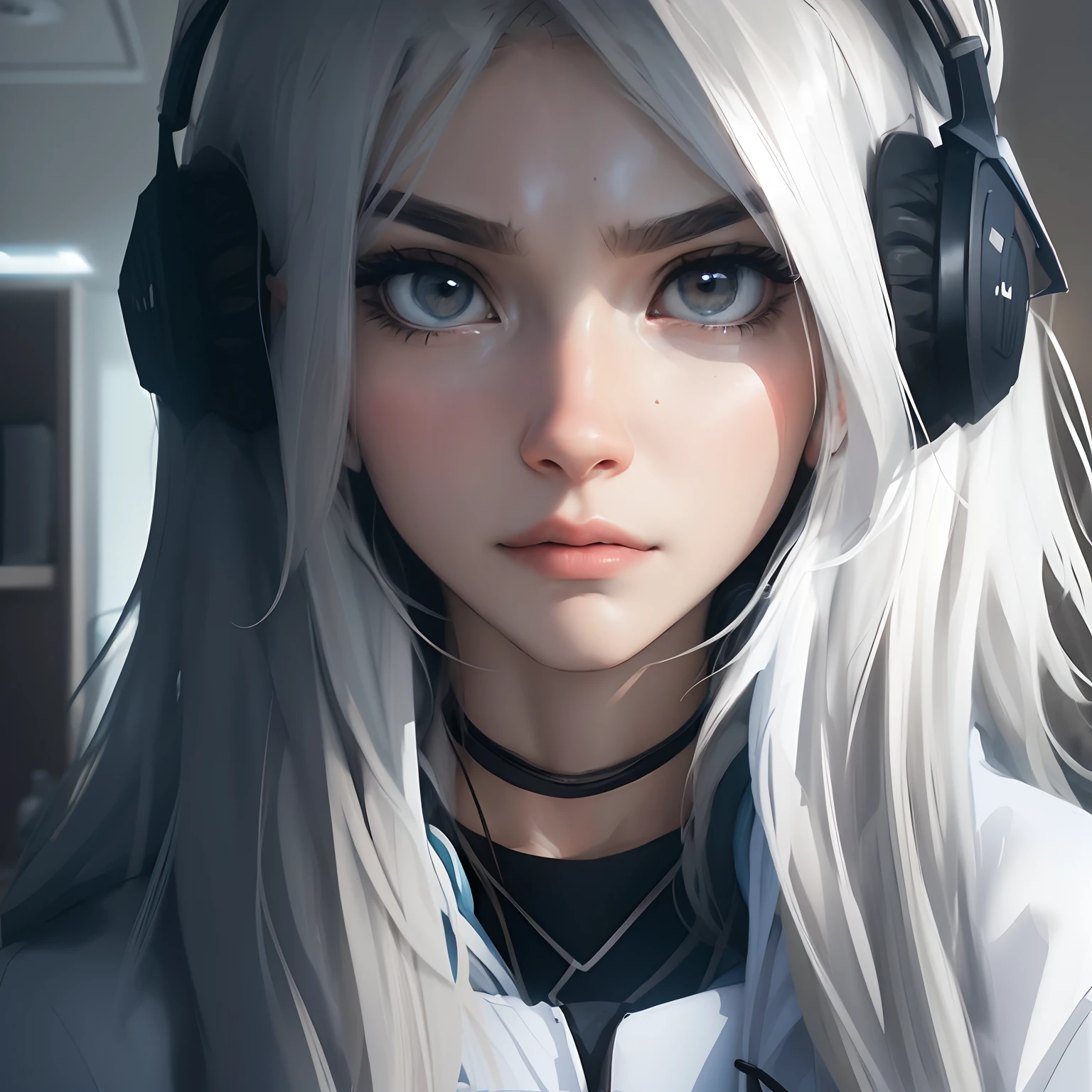 cabelos prateados, headset, olho escuro, bedroom background, hoodie, face-framing hair, serious face, 18 years, pretty, close-up, high detailed, soft lighting