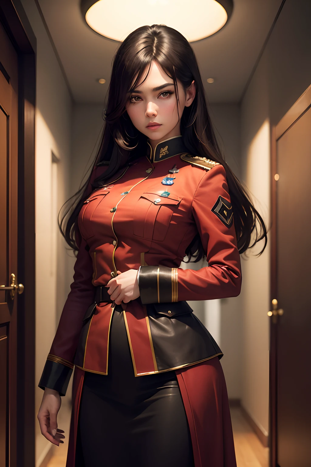 (masterpiece:1.2, best quality), 1lady, Yoru, solo, photorealistic, science fiction film, science fiction, science fiction, war, upper body, small breasts, focus on face, realistic, pastel painting, powerful, intelligent, sensual, detailed eyes (intimidating look, Brown eyes) well detailed, long black hair, best CG, (wearing German red 2 world war general uniform), military, area force,  greatness of the army,