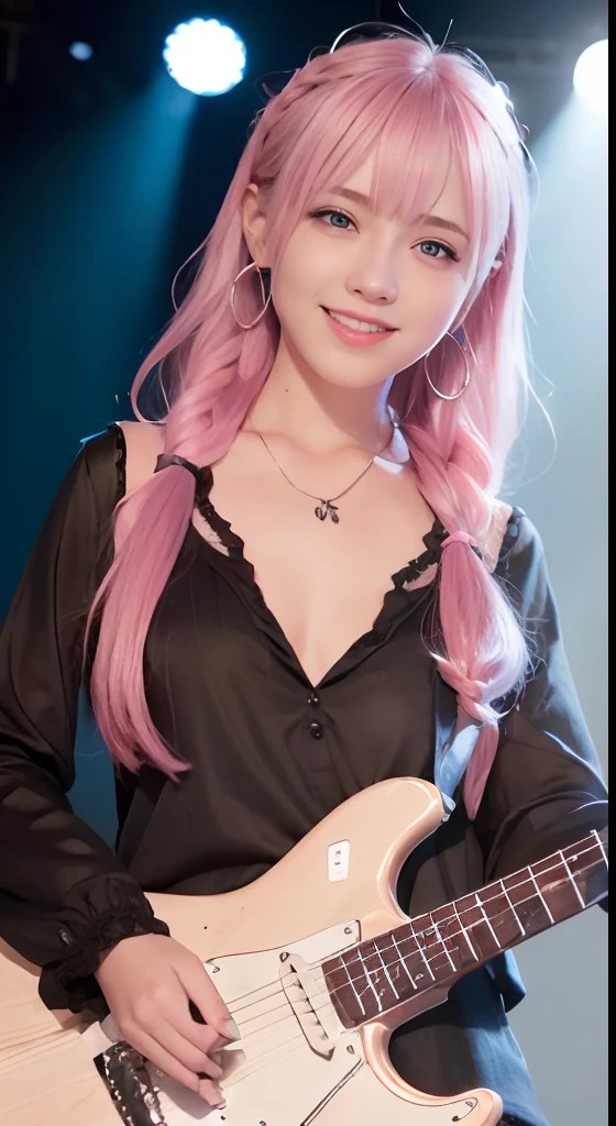 (ultra-detailliert), high-school uniform、Blue eyes,The upper part of the body、a closeup、faces、(A smile:1.5),(facing front:1.2),(masutepiece:1.3, Best Quality, Photorealistic, Ultra-detailed, Finely detailed, High resolution, 8K Wallpaper), 1 beautiful girl, Band Group Vocals, Singing a song on an electric guitar, Stand Microphone, Mouth open, Beautiful face, Detailed face, Beautiful eyes, Detailed eyes, Looks fun、Smiling, earrings, Necklace, Detailed guitar, (Straight guitar neck and 6 strings), Only 1 person,Pink Hair Medium Hair, (Pink hair), Ear Hair, small tits, Single braid, (Single braid), (Side braid),on a stage, Spotlight, Look at the viewer、small tits