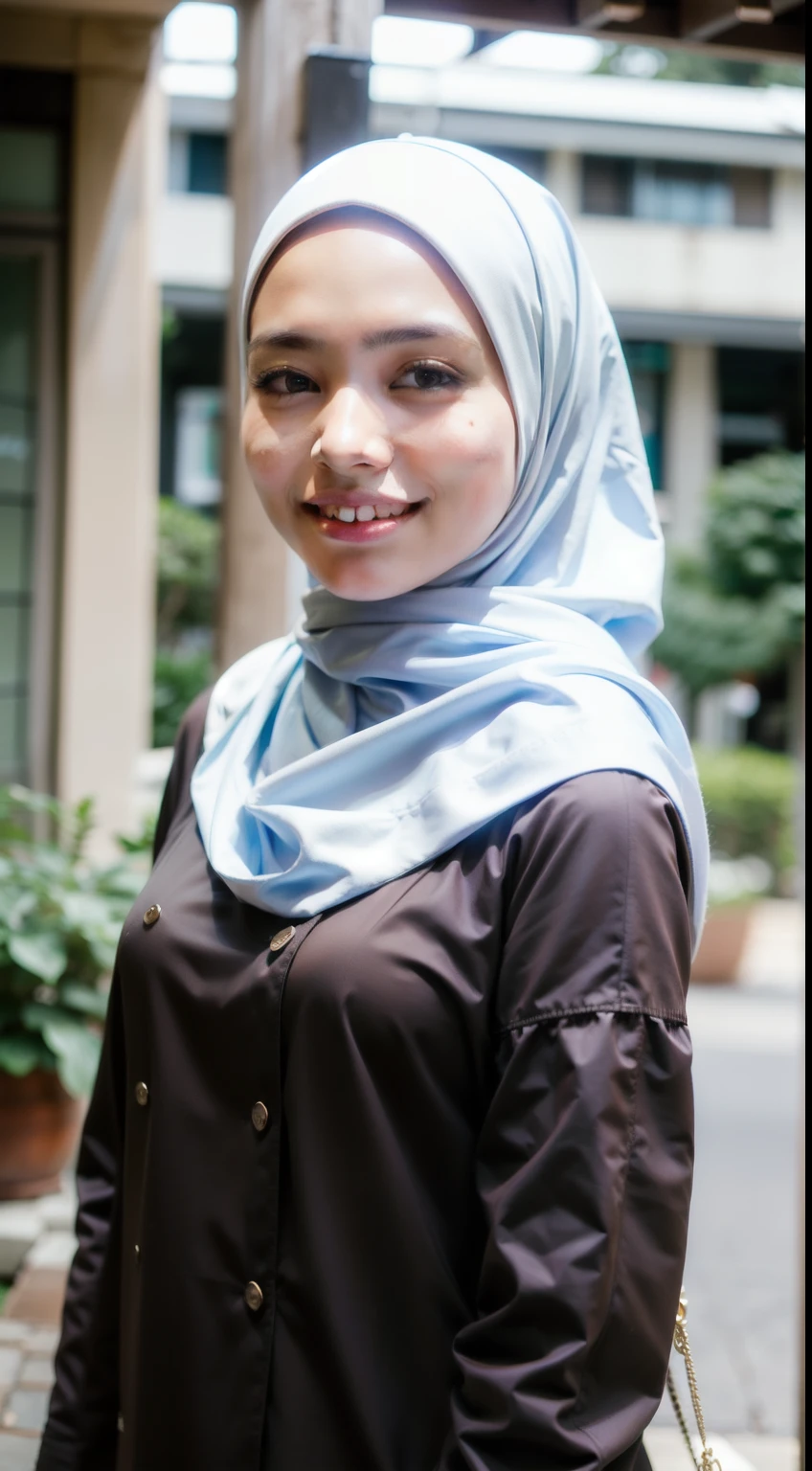 (8k, RAW photo, best quality, masterpiece:1.2), ulra high res, (photorealistic:1.4), 1 malay girl in hijab,(malay idol), ((puffy eyes)), looking at viewer,(realistic, photo-realistic:1.37), 1 malay girl, professional lighting, city background, cityscape, bokeh, ray lighting, night background, photon mapping, radiosity, physically-based rendering, hijabblown by wind, windy, dramatic effect, brown_eyes, (brown caramel hijab:1.5), (blue and white school uniform:1.3), smile, happy, \(cosplay\), 21charturnerv2, professional lighting,