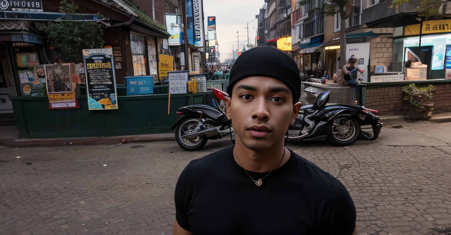 a man in a balck cap and black t shirt wearing a neck brace