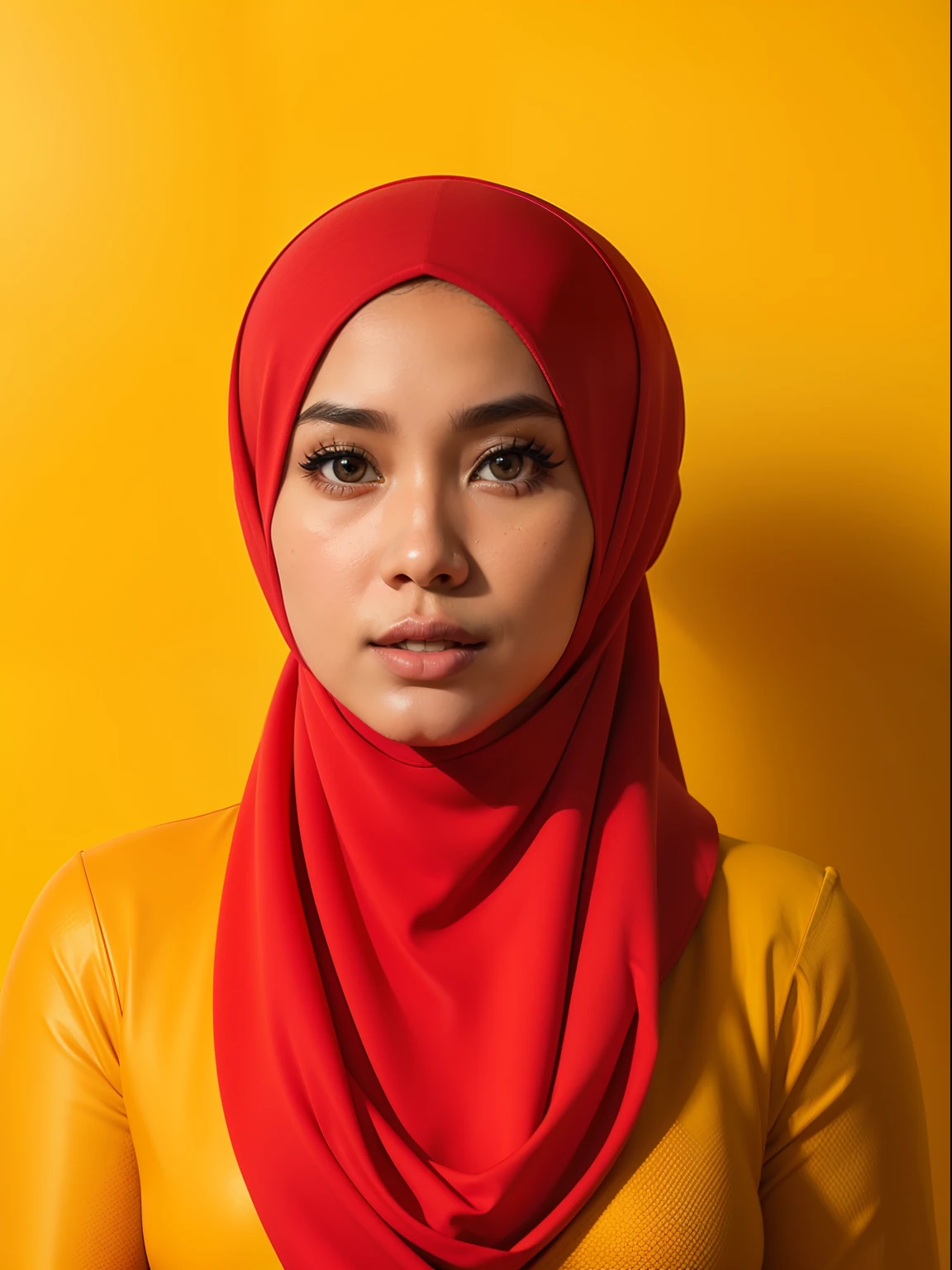 Malay woman in a red bra and panties in front of a yellow background, headshot profile picture, hijab, mira filzah, full portrait, on a yellow canva, portrait, portrait shot, photo of young malay woman, photo of a woman, potrait, full shot portrait, in yellow background