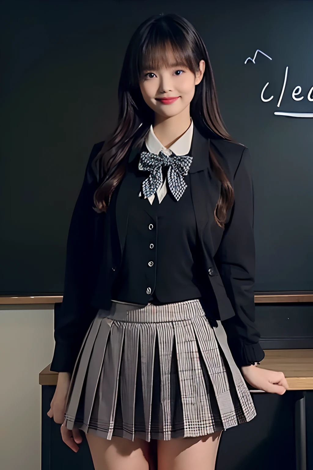 masterpiece, best quality, ultra-detailed, beautiful lighting, 1girl, bangs, (black_jacket:1.2), (blazer:1.1), blue_eyes, perfect eyes, bow, bowtie, breasts, blonde_hair, collared_shirt, jacket, looking_at_viewer, plaid_skirt, pleated_skirt, red_bow, red_bowtie, school_uniform, shirt, long_hair, skirt, solo, stairs, standing, white_shirt, facing viewer, arms behind back, (pov:1.1), (smile:0.9), thick thighs, bokeh, (near chalkboard:1.3),
