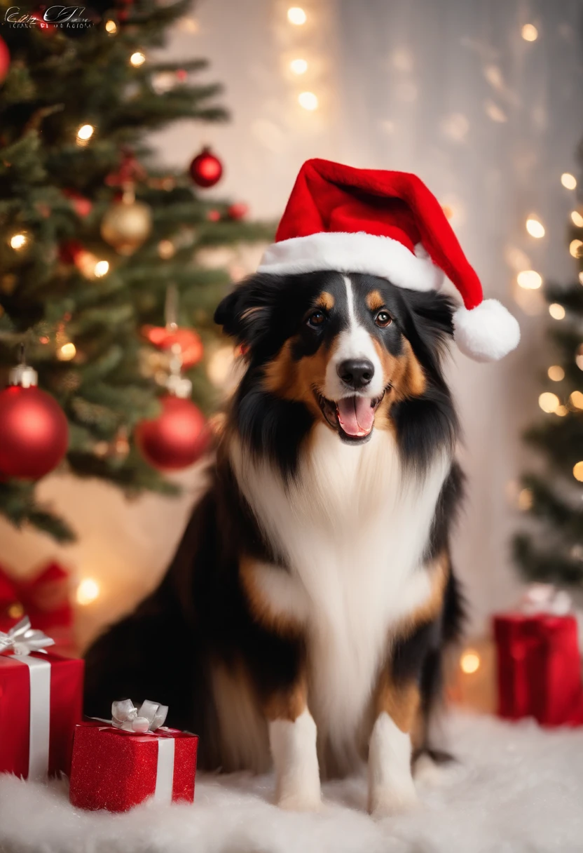 collie, dressed in santa claus hats and red bow for tie,lighted christmas tree in background, Fresh and lovely,a warm color palette,Warm scene,smiling girl,Friendly,Natural light,soft shade