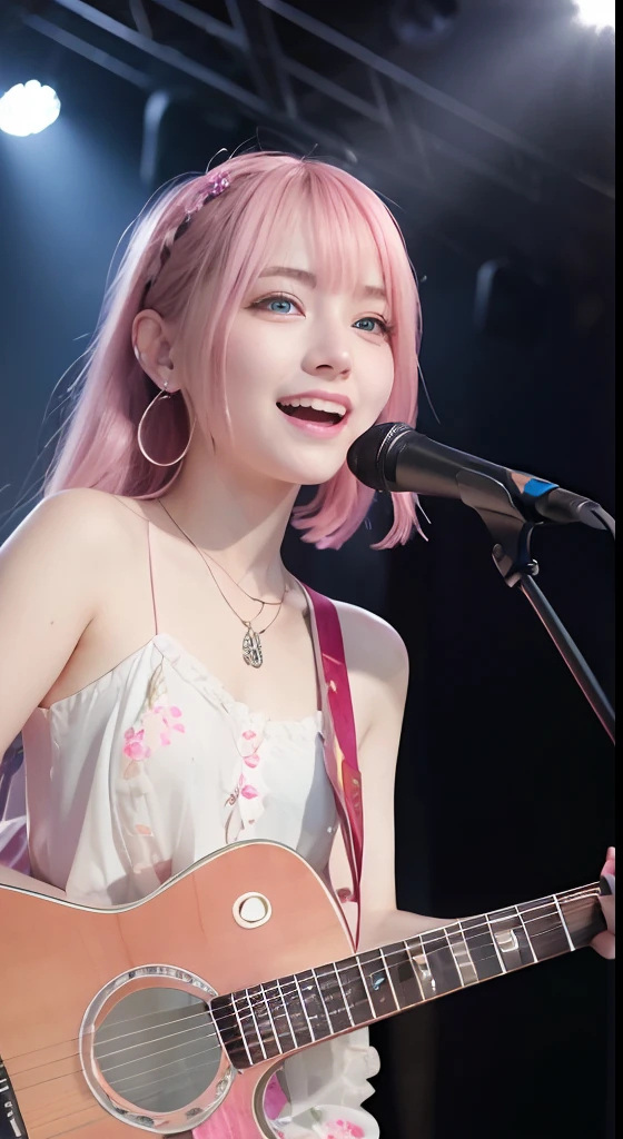 (ultra-detailliert), Psychedelic Shirts、Blue eyes,The upper part of the body、a closeup、faces、(A smile:1.5),(facing front:1.2),(masutepiece:1.3, Best Quality, Photorealistic, Ultra-detailed, Finely detailed, High resolution, 8K Wallpaper), 1 beautiful girl, Band Group Vocals,  Singing a song on an electric guitar, Stand Microphone, Mouth open, Beautiful face, Detailed face, Beautiful eyes, Detailed eyes, Looks fun、Smiling, earrings, Necklace, Detailed guitar, (Straight guitar neck and 6 strings), Only 1 person,Pink Hair Medium Hair, (Pink hair), Ear Hair, small tits, Single braid, (Single braid), (Side braid),on a stage, Spotlight, Look at the viewer、small tits