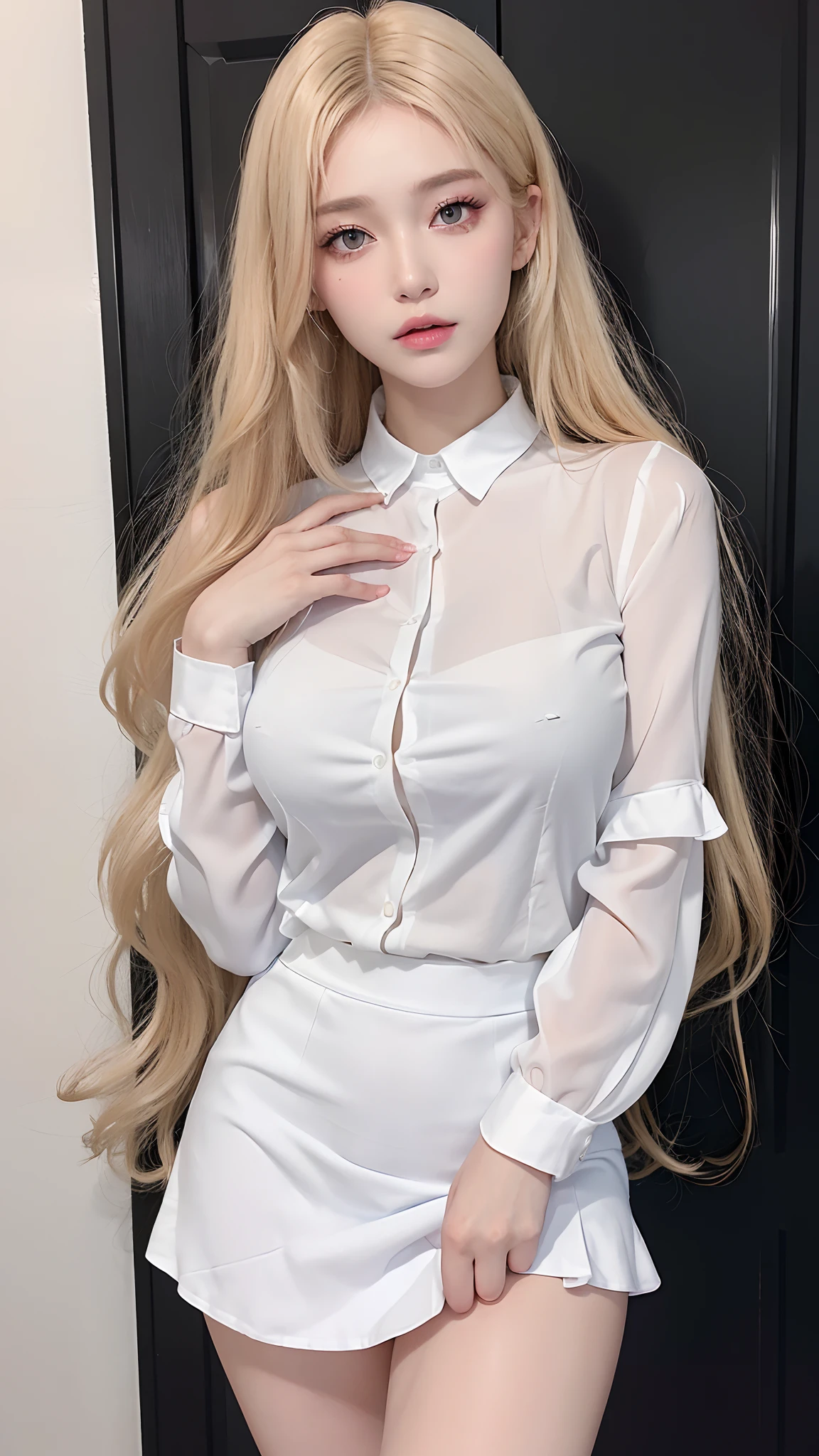 ((Best quality, 8k, Masterpiece :1.3)), Sharp focus :1.2, A pretty woman with perfect figure :1.4, Slender abs :1.3, Raw photography、超A high resolution, full body, fair white skin、shiny white skin、(wavy blonde hair)、long hair、super fine eyes, super fine hand, super fine finger、Beautiful eyes with random colors、(detailed transparent clothing), (see throught), ((detailed White tight shirt )) , very thin lips, finely detail、elongated eyes、pale pink blush、long eyeslashes、Beautiful double eyelid、Lighting that emphasizes beautiful skin、Lustrous skin 2, ((Layered long hair, Big breasts :1.2)), Open shirt show , (detailed transparent clothing), (see throught), ((detailed White tight shirt )), ((detailed face )), ((detailed tight short skirt), water shower, luxury office :1.4, Highly detailed face and skin texture, Detailed eyes, Double eyelid