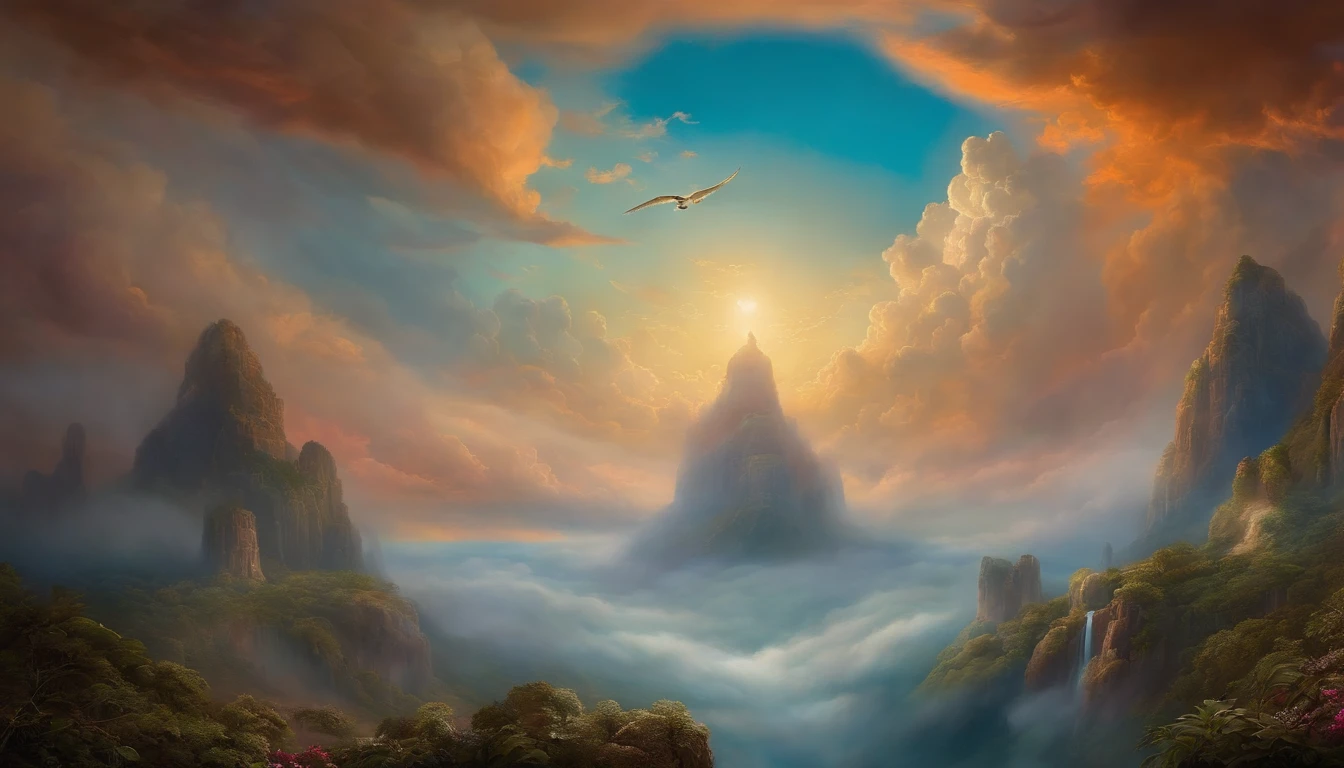 "The angels in the clouds in the sky in paradise inspired by the dramatic style of the British artist John Martin."