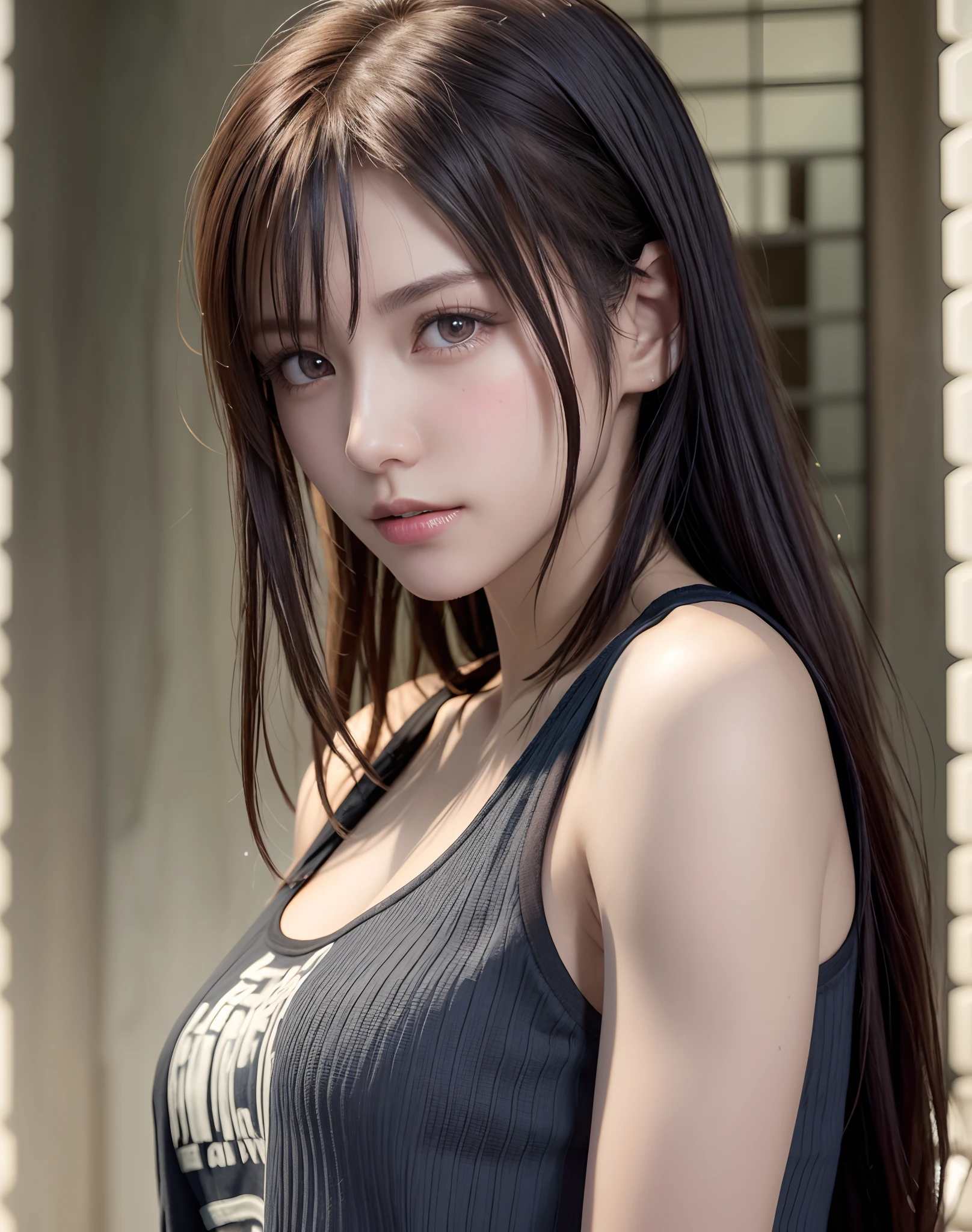 high quality picture, masutepiece, detailed hair texture, Detailed skin texture, Detailed Cloth Texture, 8K, Add fabric details, ultra detailed skin texture, ultra detailed photographic, Skin pores, Portrait of a girl, wearing tank top,