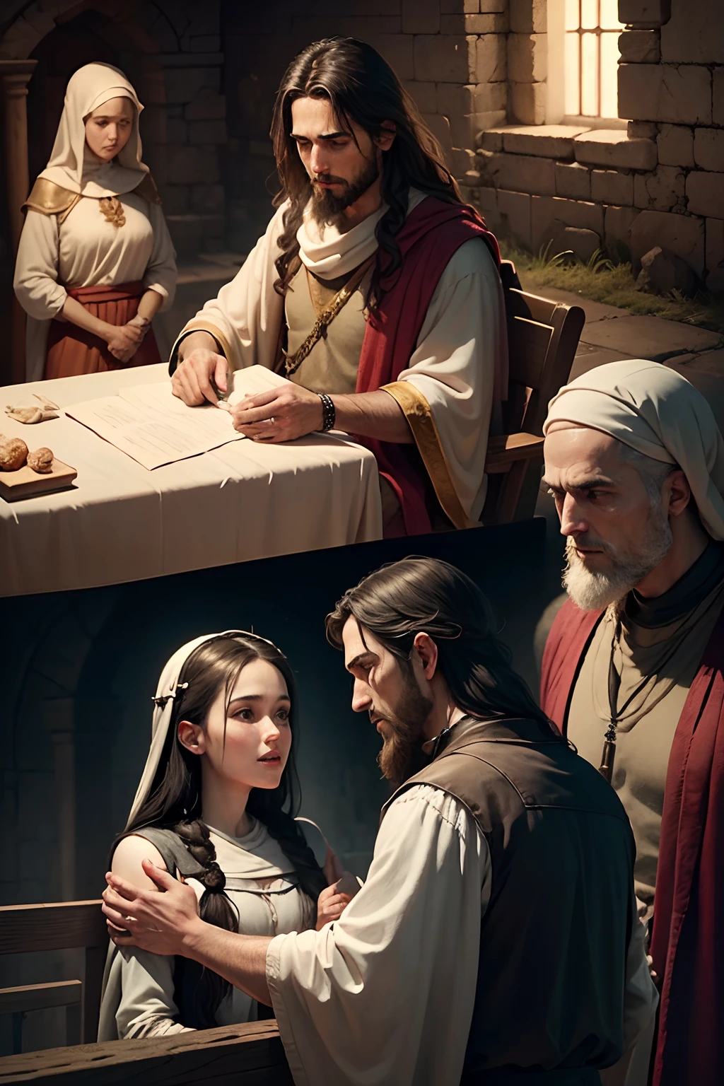 Realistic image of The story of the birth, life, death and resurrection of Jesus is one of the main pillars of the Christian religion. According to the Bible, Jesus was born in Bethlehem, Judea, in a manger, as there was no room in the inn. His parents were Mary and Joseph, and He was conceived by the Holy Spirit.Jesus began teaching about the word of God when he was about 30 years old. He performed many miracles, such as healing the sick, feeding the hungry, and even raising the dead. However, many religious leaders at the time did not believe his words and judged him as a blasphemer.Jesus was arrested, tortured and sentenced to death on the cross, where He died for the sins of humanity. However, three days later, He rose from the dead, showing that death has no power over eternal life. This story is celebrated by Christians at Easter, as proof of God's unconditional love for humanity.