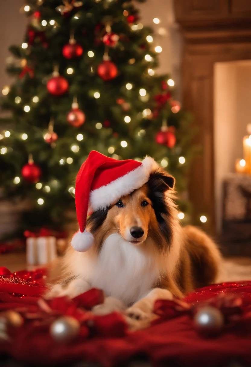 collie, dressed in santa claus hats and red bow for tie,lighted christmas tree in background, Fresh and lovely,a warm color palette,Warm scene,smiling girl,Friendly,Natural light,soft shade
