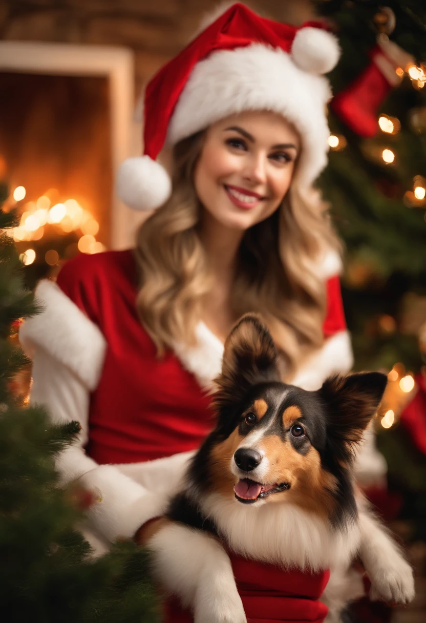 collie, dressed in santa claus hats and red bow for tie,lighted christmas tree in background, Fresh and lovely,a warm color palette,Warm scene,smiling girl,Friendly,Natural light,soft shade