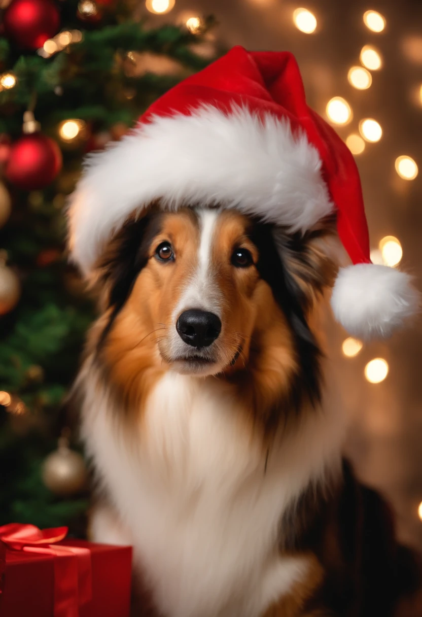 collie, dressed in santa claus hats and red bow for tie,lighted christmas tree in background, Fresh and lovely,a warm color palette,Warm scene,smiling girl,Friendly,Natural light,soft shade