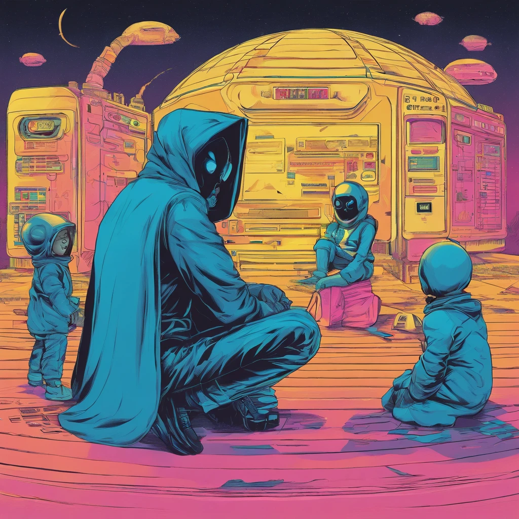 Dark guy with black hood behind some kids who are sitting playing on the floor at night, Pensar, face not visible, A imagem tem um molde de azul escuro clima sombrio