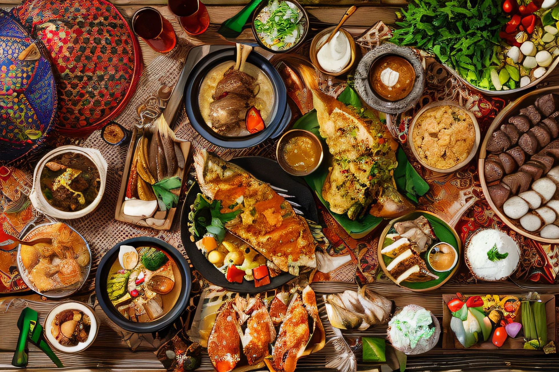 a close up of a table with many different foods on it, the table is full of food, overflowing feast buffet table, yummy, high quality food photography, by Bernardino Mei, highly detailed composition, medieval feast, professional food photography, hd food photography, south east asian with long, malaysian, ❤🔥🍄🌪, sunday, food styling, 4k food photography