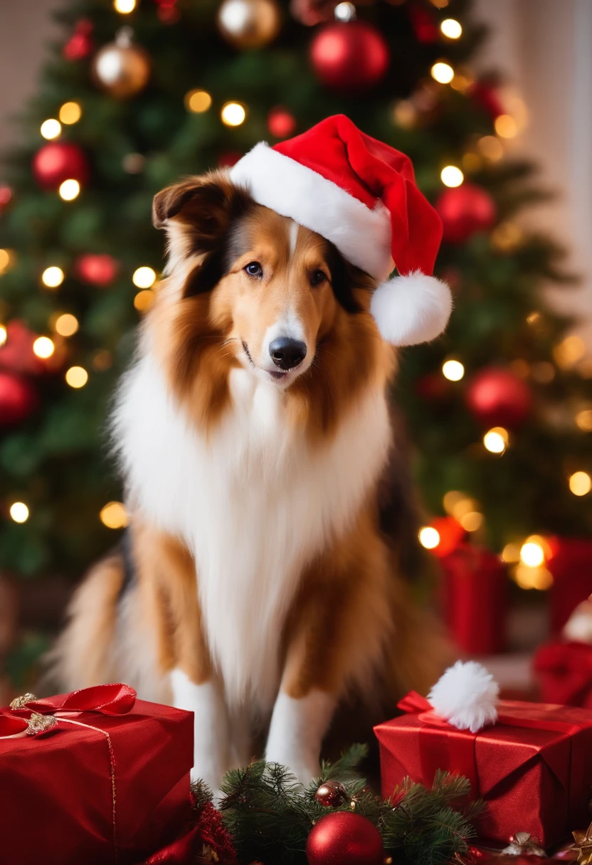 collie, dressed in santa claus hats and red bow for tie,lighted christmas tree in background, Fresh and lovely,a warm color palette,Warm scene,smiling girl,Friendly,Natural light,soft shade