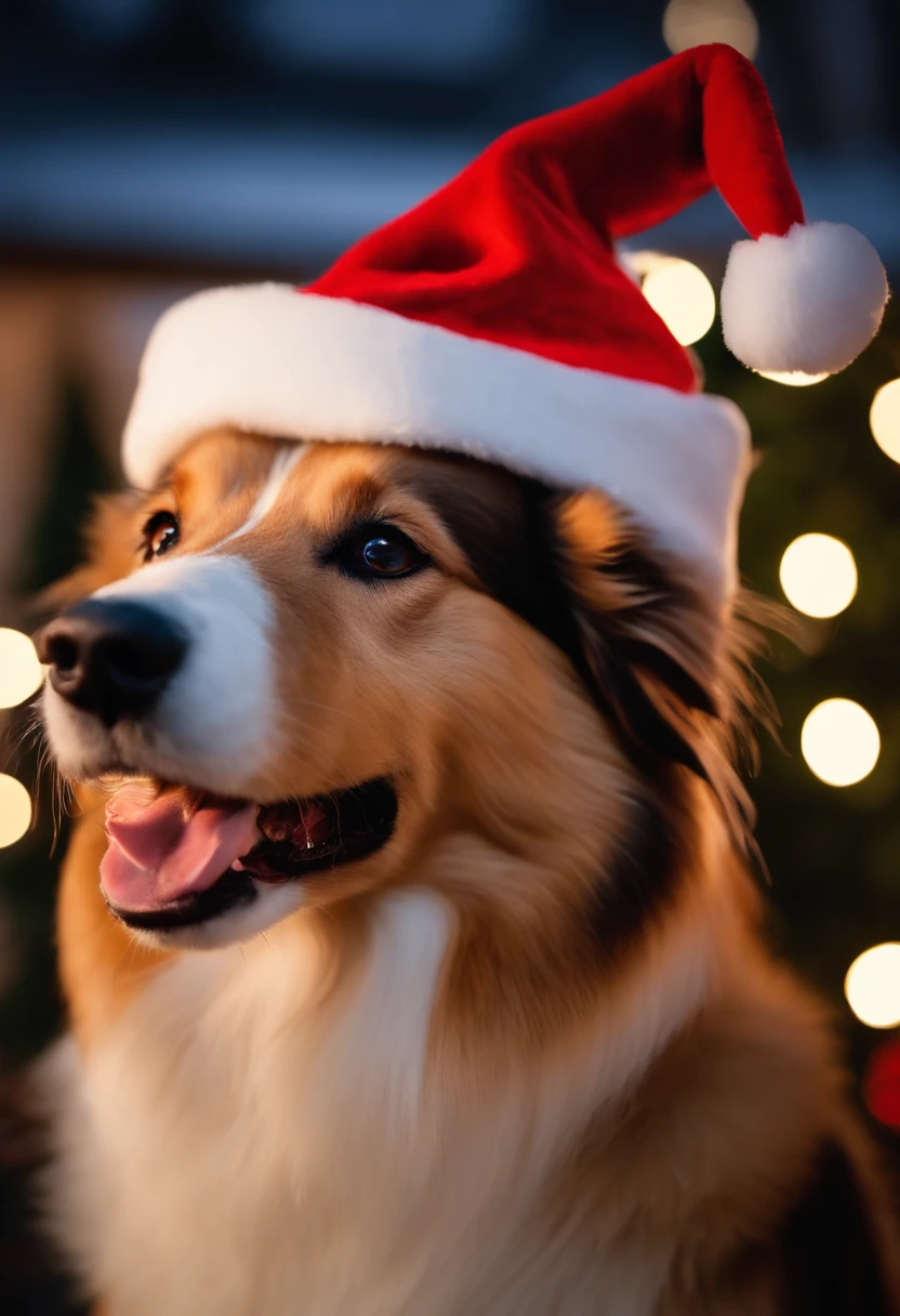 collie, dressed in santa claus hats and red bow for tie,lighted christmas tree in background, Fresh and lovely,a warm color palette,Warm scene,smiling girl,Friendly,Natural light,soft shade