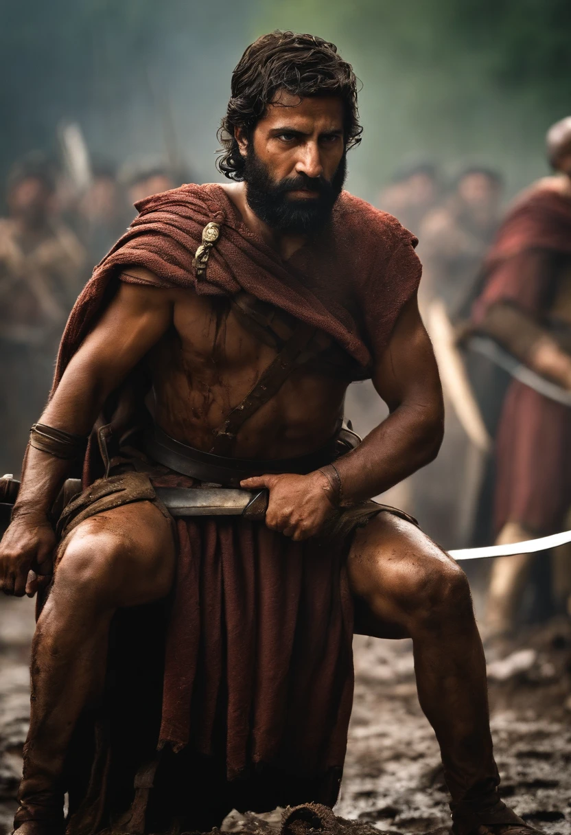 Image of two male characters. The first male is tied to a post with his back bare. Last there is the second man whipping him with a whip. The back of the first man is bloody and covered with scar. The second person who is whipping the first person has a sadistic smile. The first man, the one who is being whipped suffers with courage.