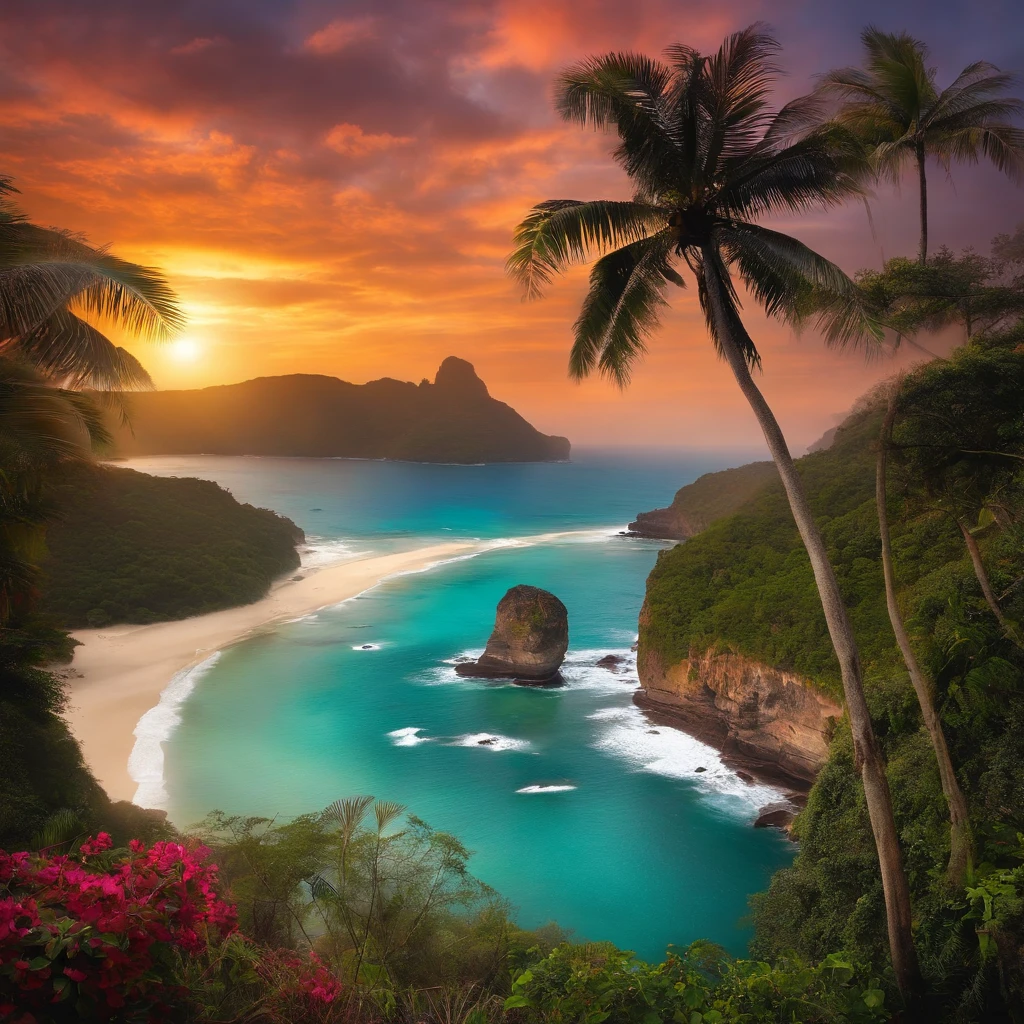 A view of a beach with palm trees and a body of water - SeaArt AI