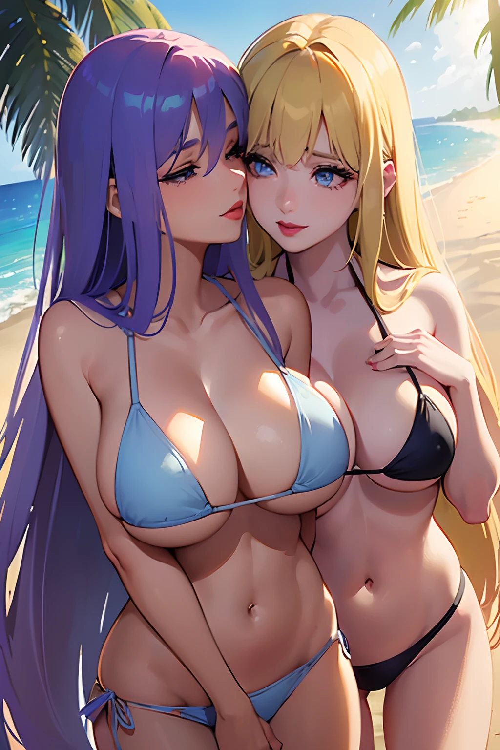((2 women, 30 years old women)) (glowing big light blue eyes)(red lips) (long straight hair)((very huge breasts)) (perfect slim body)(happy wide smile) ((wearing bikini))(inside a beach party)(romantic love moment)(sharing passionate kiss, kiss on lips, french kiss) (high definition, dinamic lights and shadows)((masterpiece))(8k)(perfect face)(ultra details) (perfect hands, eyes), people dancing in the back ground