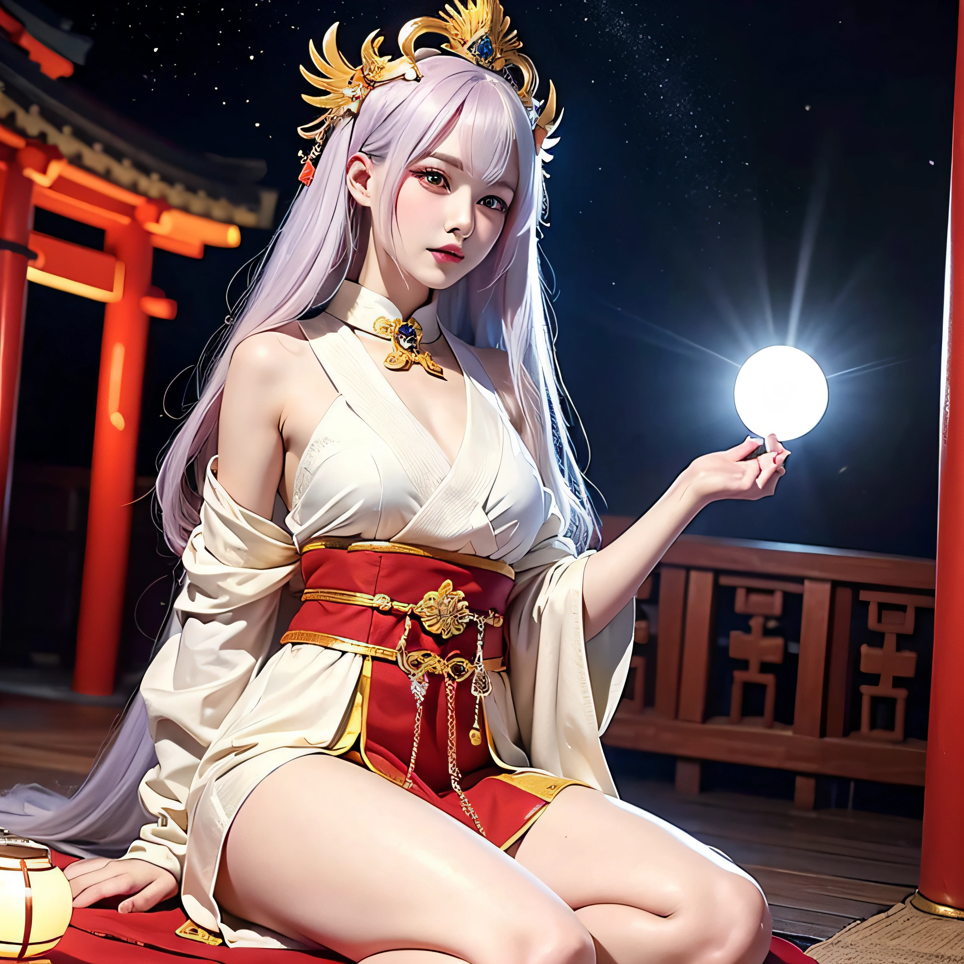 beautiful girl, nipples are visible, albino, Beautiful Asian lady, Chinese, eyeliner, glitter, Lush white hair, bang, ponytails, braids, bows, Colorful wavy curls, Shiny hair stands out, eyes are deep and expressive, huge breasts, slim waist, open chest, sagging breasts, night sky, Moonlight, legs in different directions, Vaginal orchids, Garter stockings, A mixture of bright lights and colorful nebulae, sleeves with ribbon, diamonds, vivid neon colors, Long legs, Wide aperture, Wedges, Kneel