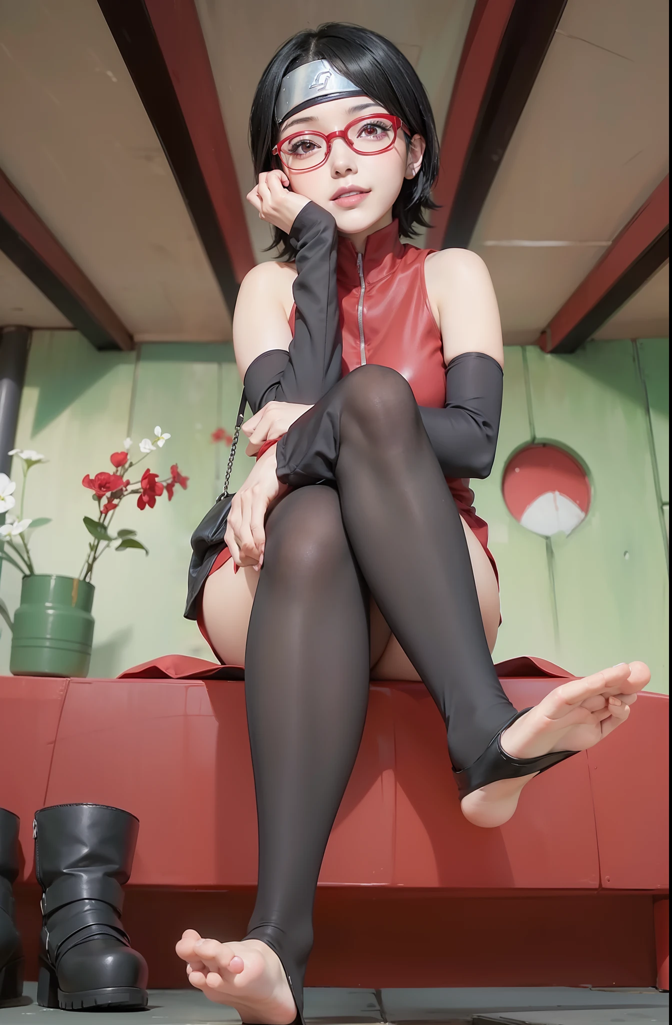 1girl, sarada uchiha in anime boruto, short hair, black hair, red eyes, smile, beautiful, sexy dress, sexy clothes, red clothes, wear red glasses, very big breast, realistic clothes, detail clothes, outdoor background, ultra detail, realistic