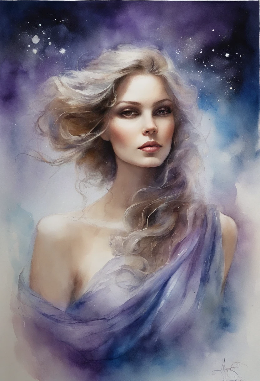 (Obra maestra, Calidad superior, La mejor calidad, Arte Oficial, beautiful and aesthetic:1.2), girlish, Cara detallada, Cabello largo y negro, cuerpo completo, Camisa azul con cuello alto, Violet corset, Largo sketch azul, celestial, cosmico, extremadamente hermoso, Alto detalle, (Galactic in the background), Efectos luminosos, highest detailed, particles floating, Runas antiguas, geometric patterns, V0id3nergy , dove, Sombras, Epic atmosphere