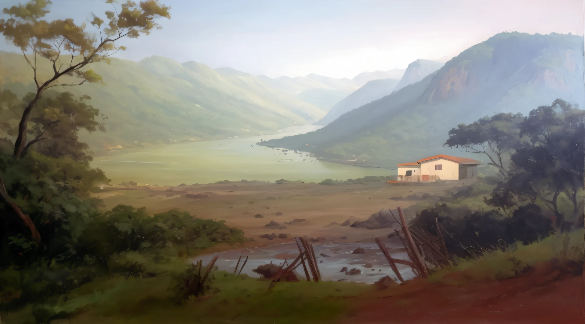 pintura de uma paisagem,montanhas ao fundo, com um rio e uma casa,super realista