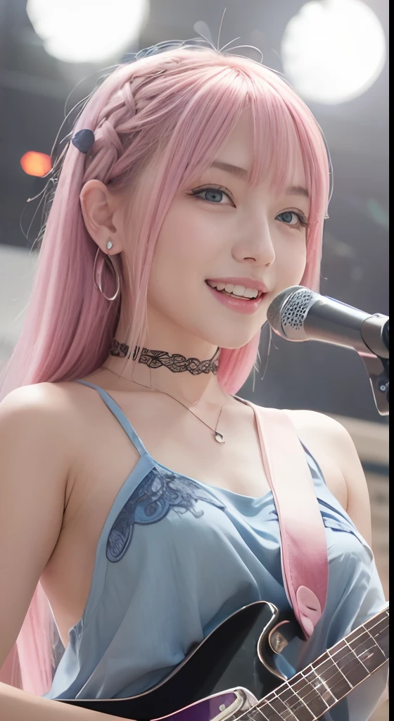 (ultra-detailliert), Psychedelic Shirts、Blue eyes,The upper part of the body、a closeup、faces、(A smile:1.5),(facing front:1.2),(masutepiece:1.3, Best Quality, Photorealistic, Ultra-detailed, Finely detailed, High resolution, 8K Wallpaper), 1 beautiful girl, Band Group Vocals, Singing a song on an electric guitar, Stand Microphone, Mouth open, Beautiful face, Detailed face, Beautiful eyes, Detailed eyes, Looks fun、Smiling, earrings, Necklace, Detailed guitar, (Straight guitar neck and 6 strings), Only 1 person,Pink Hair Medium Hair, (Pink hair), Ear Hair, small tits, Single braid, (Single braid), (Side braid),on a stage, Spotlight, Look at the viewer、small tits