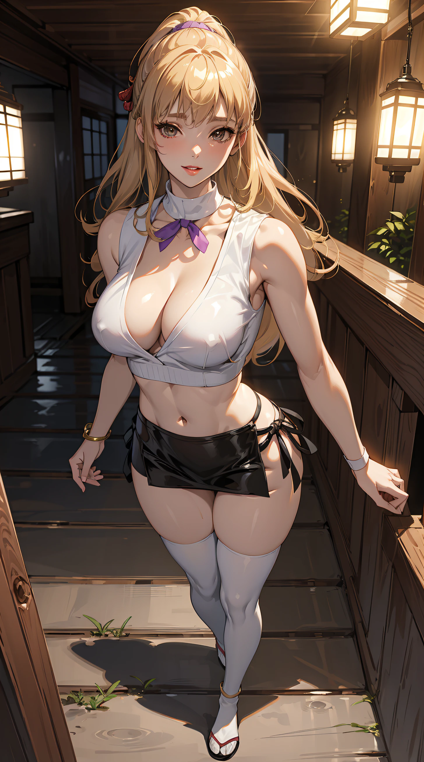 (masterpiece:1.3), high resolution, ultra detailed, extremely detailed CG unity 8k wallpaper, realistic, photo-realistic, RAW photo, beautiful detailed face, pale skin, realistic glistening skin, detailed cloth texture, detailed hair texture, Perfect body, Beautiful Face, accurate, Anatomically correct, Highly detailed face and skin texture, natural neck length, (beautiful hands), (fair skin:1.2), Thin legs, Thin feet, BREAK, Detailed eyes, symmetric eyes, Light Brown eyes, Double eyelids, Thin eyebrows, (Glossy lips:1.4), (gently smile:1.2), BREAK, (nsfw:1.2), (A Classy and Cute girl:1.3), (1 girl, one girl), ((wearing a Violet sleeveless keyhole neck midriff short sweater:1.3)), ((Showing under boob:1.4)), (White pleated mini skirt), (long boots), (wearing glasses:1.1), (medium large breasts, slender figure, firm abs, firm breasts:1.2), beautiful clavicle, (blonde hair, wavy hair, long hair:1.3), ((asymmetrical bangs:1.2)), BREAK, ((Walking close to me in the her stylish house in Japan:1.3)), (looking at viewer:1.2), ((Focus on face:1.2)), (Full body shot:1.2),