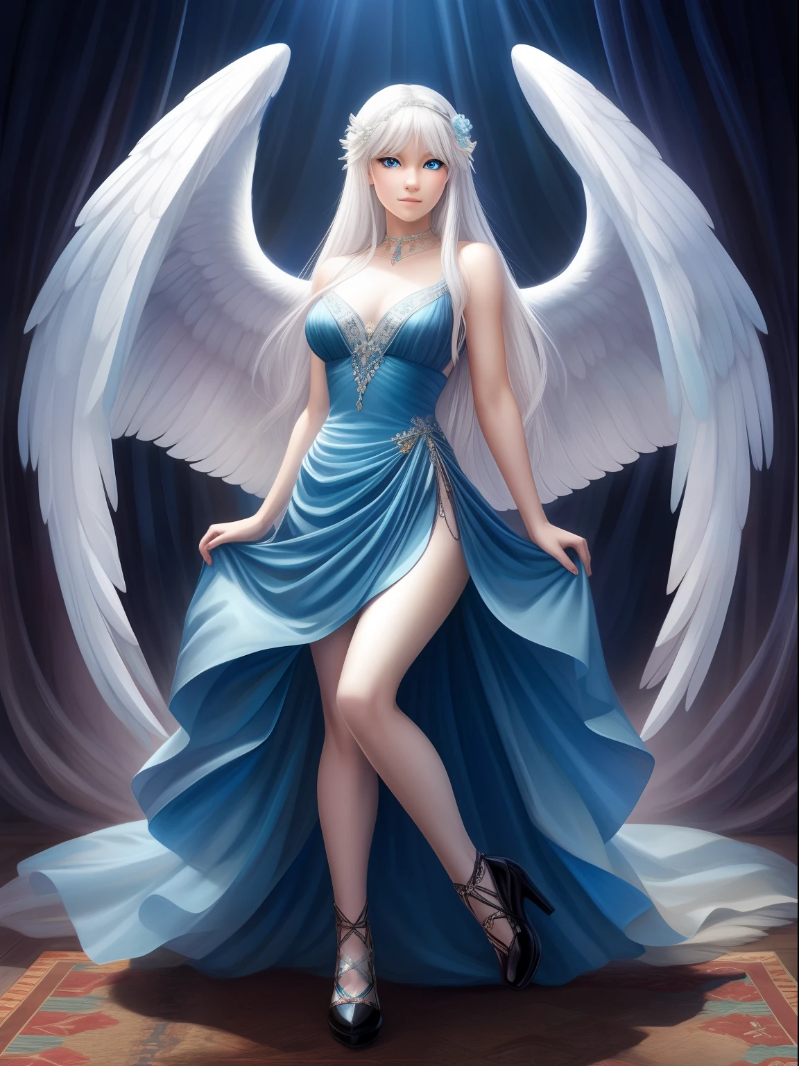 masterpiece, best quality, best face, ultra -detailed, finely detail, White girl, angel, big wings, white hair, blue eyes, sexy, sexy pose, pastel blue dress, full body, long hair, fringe, black dress, black shoes, acessories, wings on the back, hands on the dress