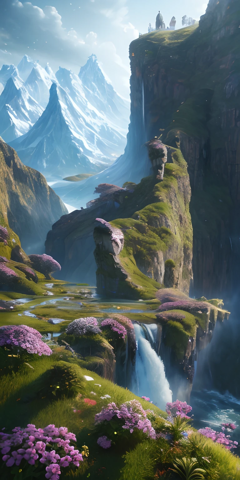 masterpiece, best quality, high quality, extremely detailed CG unity 8k wallpaper, scenery, outdoors,flower, cloud, day, no humans, mountain, landscape, water, tree, snowing, waterfall, cliff, nature, lake, river, snowflakes,award winning photography, Bokeh, Depth of Field, HDR, bloom, Chromatic Aberration ,Photorealistic,extremely detailed, trending on artstation, trending on CGsociety, Intricate, High Detail, dramatic, art by midjourney