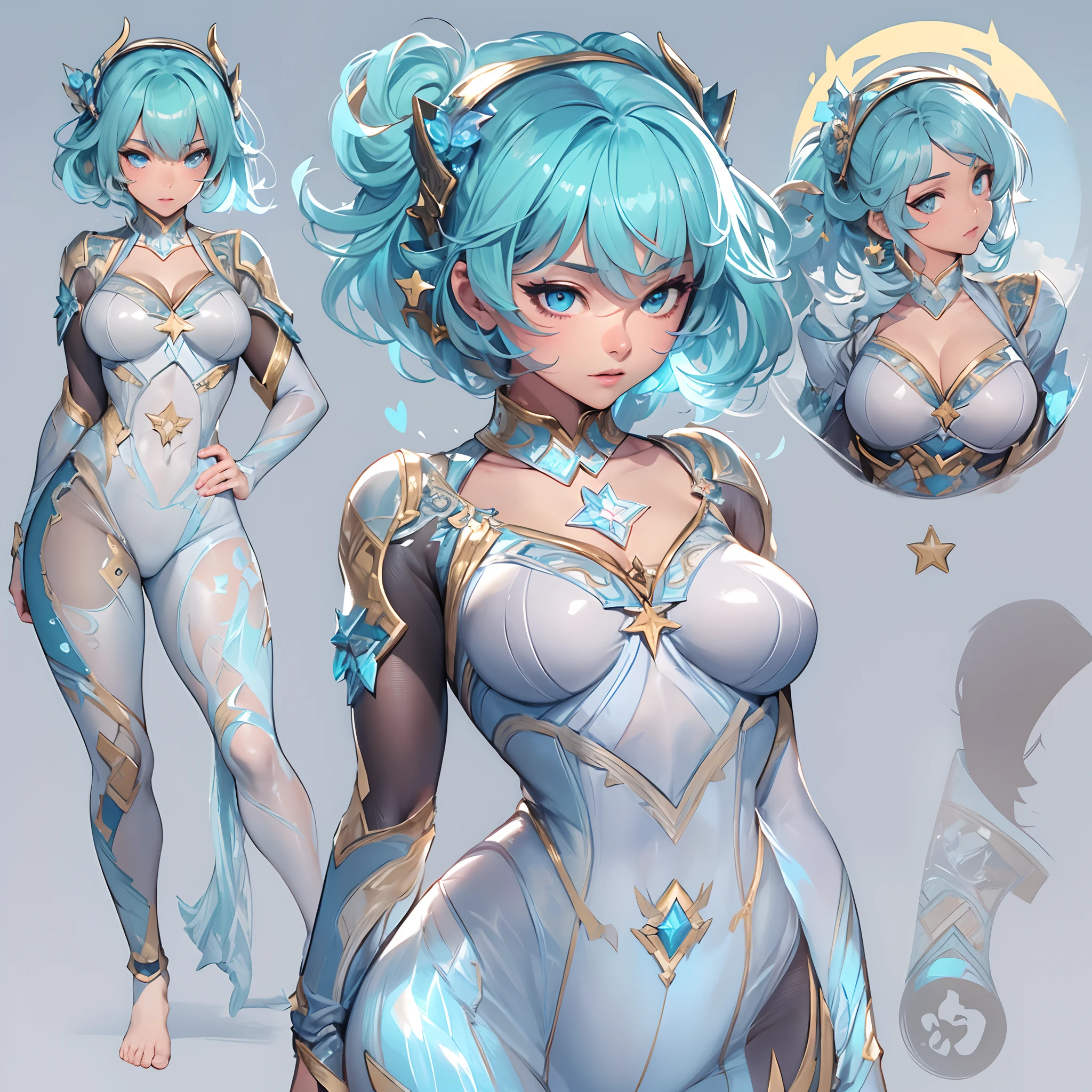 ((Masterpiece, Highest quality)), Detailed face, CharacterDesignSheet,full bodyesbian, perfectly proportions,Full of details, Multiple poses and expressions, Highly detailed, Martial arts girl,Seductive,Gradient hair color,Detailed eyes, ssee-through,Cyan blue,lacepantyhose,Clouds,High Balance, Overhead halo,Natural light,Star decoration