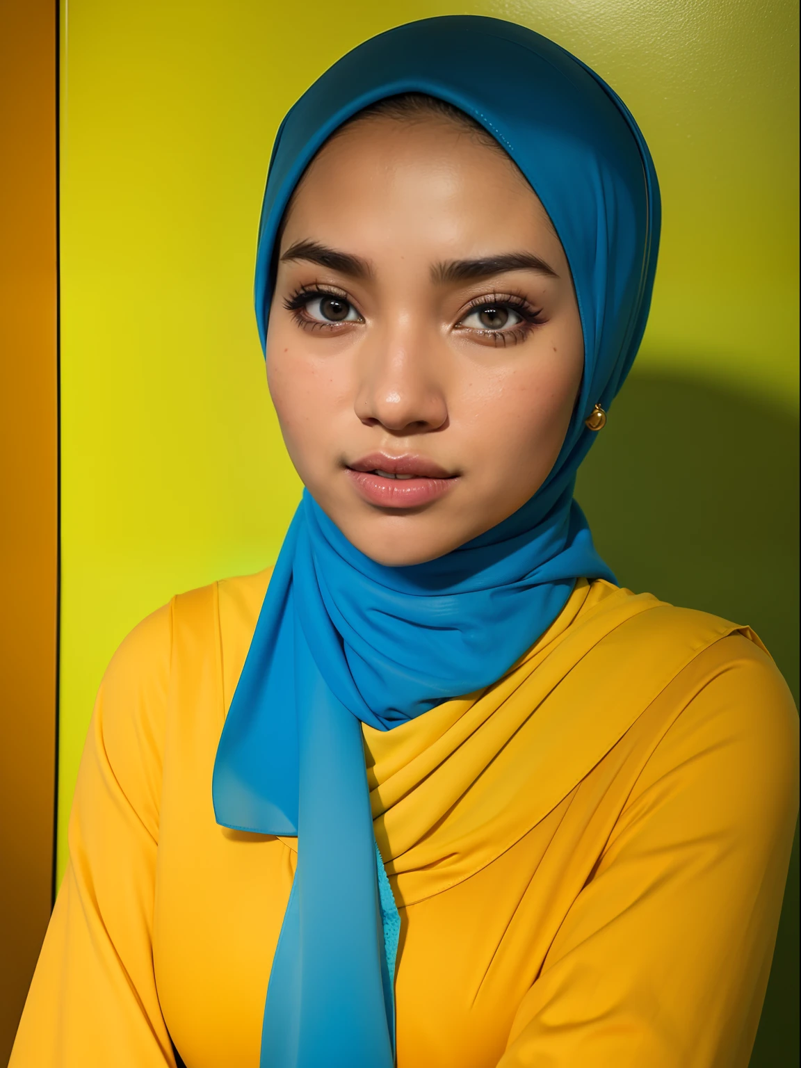 dark skinned hijabi, masterpiece, best quality, 1girl, solo, choker, paint splatter, arms behind back, against wall, looking at viewer, armband, thigh strap, paint on body, head tilt, multicolored hair