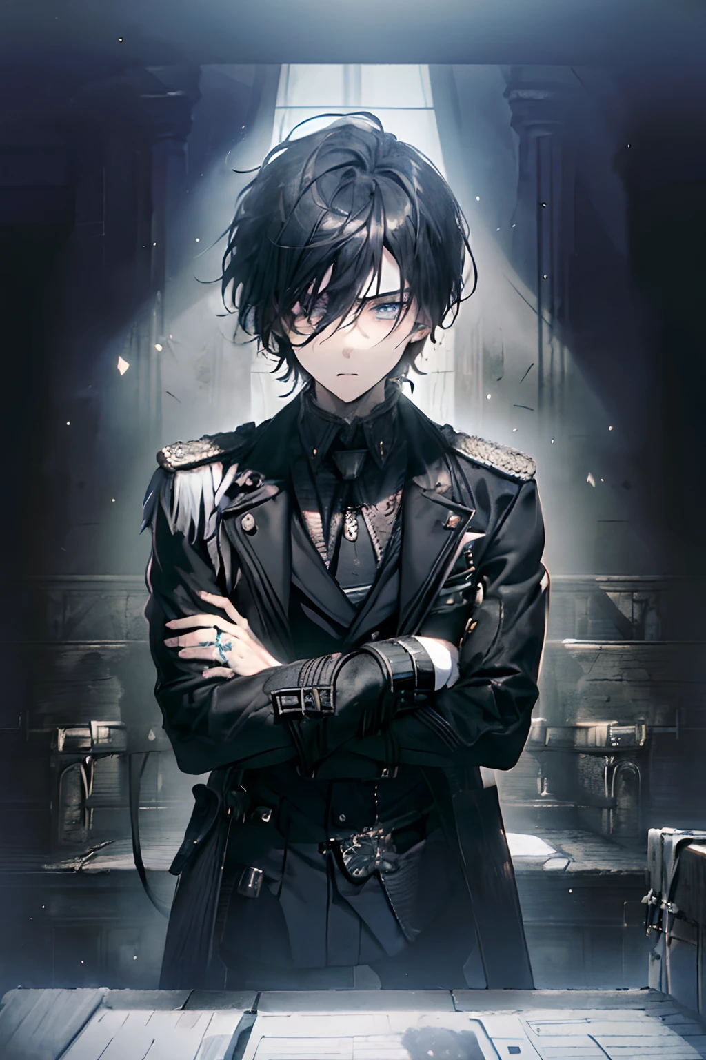 (masterpiece, best quality:1.2), black trench coat, White shirt, ((male focus)), ((1boy)), young man, anime style, Manly face, handsome, good face, beautiful eyes, ((portrait)), silver eyes, black hair, medium black Mane With a line in the middle, expressionless, looking at viewer, crossed arms, black hair, ring, Subsurface dispersion, PBR texturing, Anisotropic,Depth of field, Maximum clarity and sharpness, Multilayer textures, Surface shading, Accurate simulation of light-material interaction, Perfect proportions, Octane Render, Two-tone lighting, Wide aperture, Low ISO, White balance, Rule of thirds, (a dark sadow enveloping him),