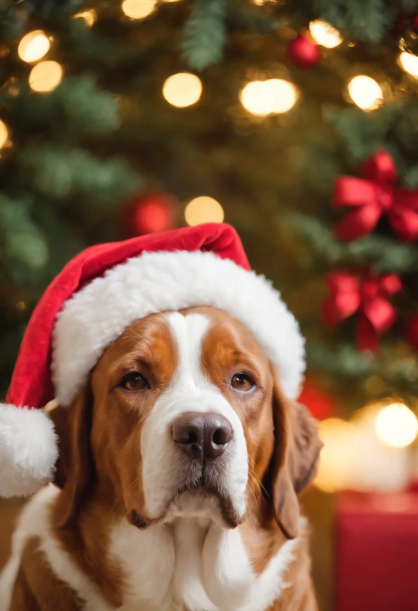 rotweiller, dressed in santa claus hats and red bow for tie,lighted christmas tree in background, Fresh and lovely,a warm color palette,Warm scene,smiling girl,Friendly,Natural light,soft shade