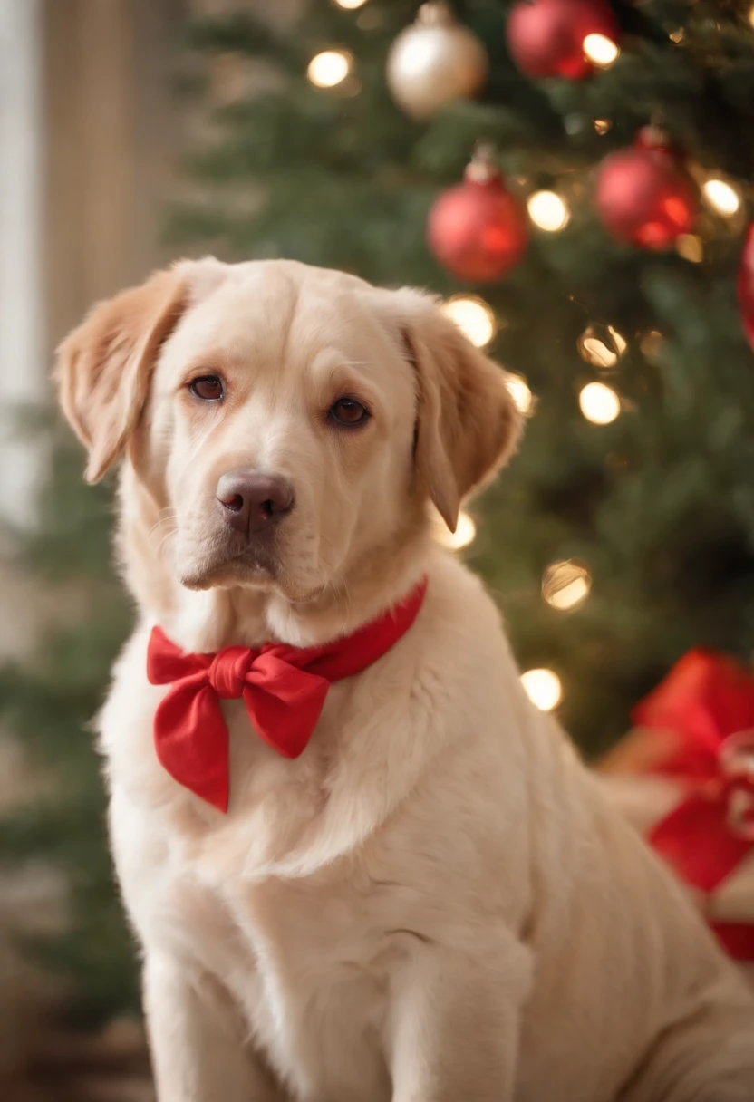 rotweiller, dressed in santa claus hats and red bow for tie,lighted christmas tree in background, Fresh and lovely,a warm color palette,Warm scene,smiling girl,Friendly,Natural light,soft shade