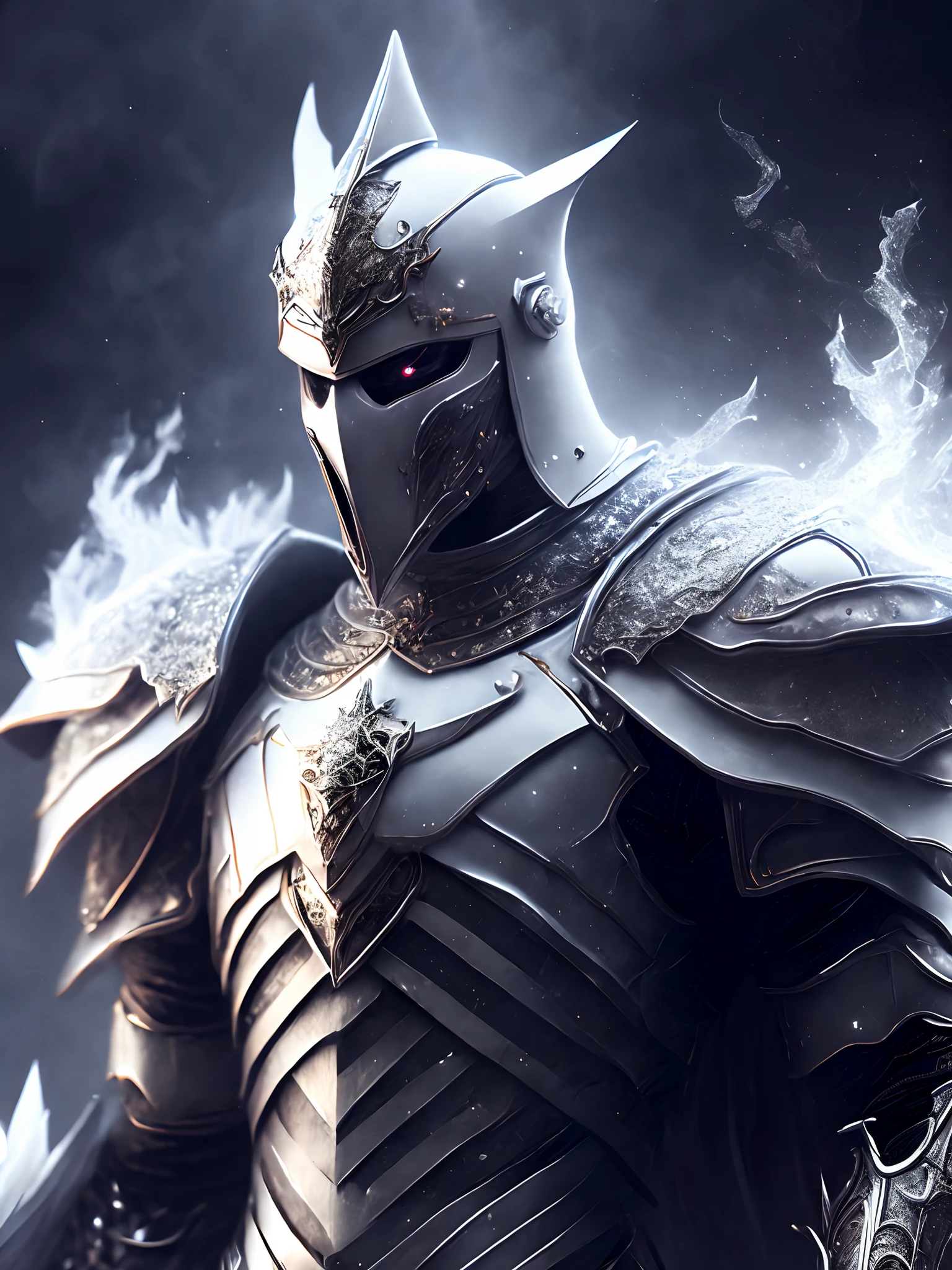Close-up ( creepy white knight in Goth style: 1.3) emerging from the Ghsot under world, extremely detailed, smoke, sparks, metal shavings, flying debris, volumetric light