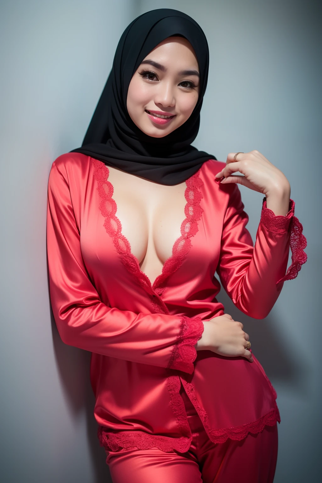 matured malay woman in hijab wearing sexy satin lace red color pajamas portrait photography, mid shot photo, ultra detail, professional photograph with professional lighting, smile, light blue studio background, sexy seducing pose, slim and slanders, small breast