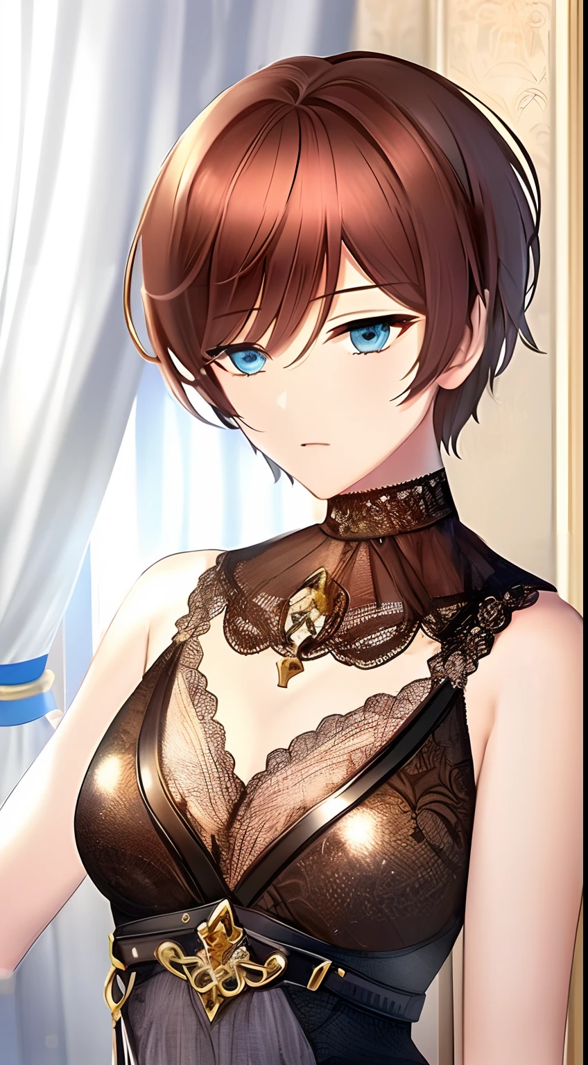 MM art style, masterpiece, best quality, ultra-detailed, illustration, (short hair), (solo), (1girl), beautiful detailed eyes, (brown hair), (blue eyes), (wearing a blue shirt), (wearing a leather jacket), (wearing jeans), (wearing boots), (wearing a locket), an extremely delicate and beautiful, extremely detailed, beautiful detailed glow, depth of field, (extremely delicate and beautiful fabric), (((portrait)))