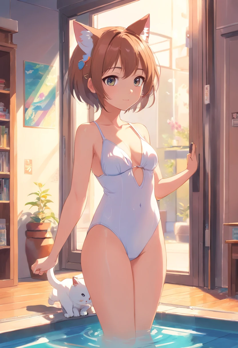 Anime cat-eared girl in white swinsuit, Ride a Roomba， in swinsuit ,Sleeveless， small curvy lolitwork in the style of guweiz, guweiz on pixiv artstation, guweiz on artstation pixiv, guweiz, small loli giroft anime illustration, Anime visuals of cute girls, Detailed Digital Anime Art