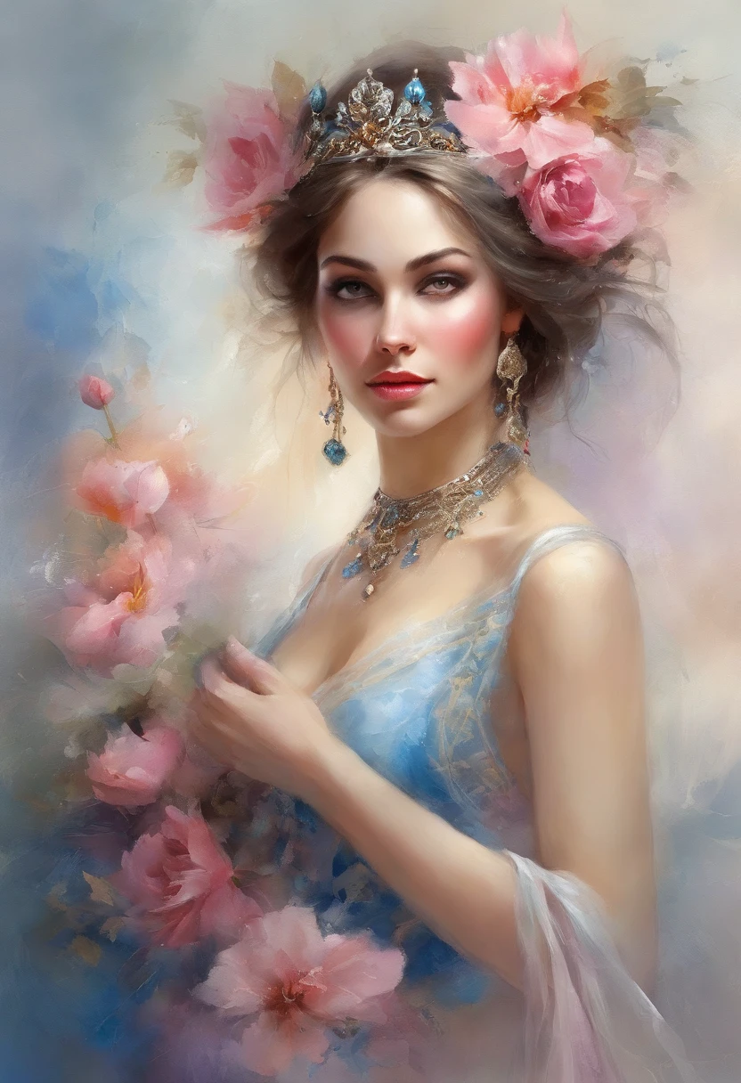 mejor calidad, tmasterpiece, ultrahigh resolution, Primer plano de una mujer con un vestido de gasa azul-rosa que fluye, Primer plano en todo el cuerpo, sexy para, Corte de hombros, Hermosa adolescente, A beautiful empress fantasy, Ethereal Beauty, Hermosa doncella disfrazada, Hermosa diosa, ((A beautiful empress fantasy)), oriental fantasy, Ethereal fantasy, Escenas detalladas, pose impresionante, Accesorios atractivos, pintoresco